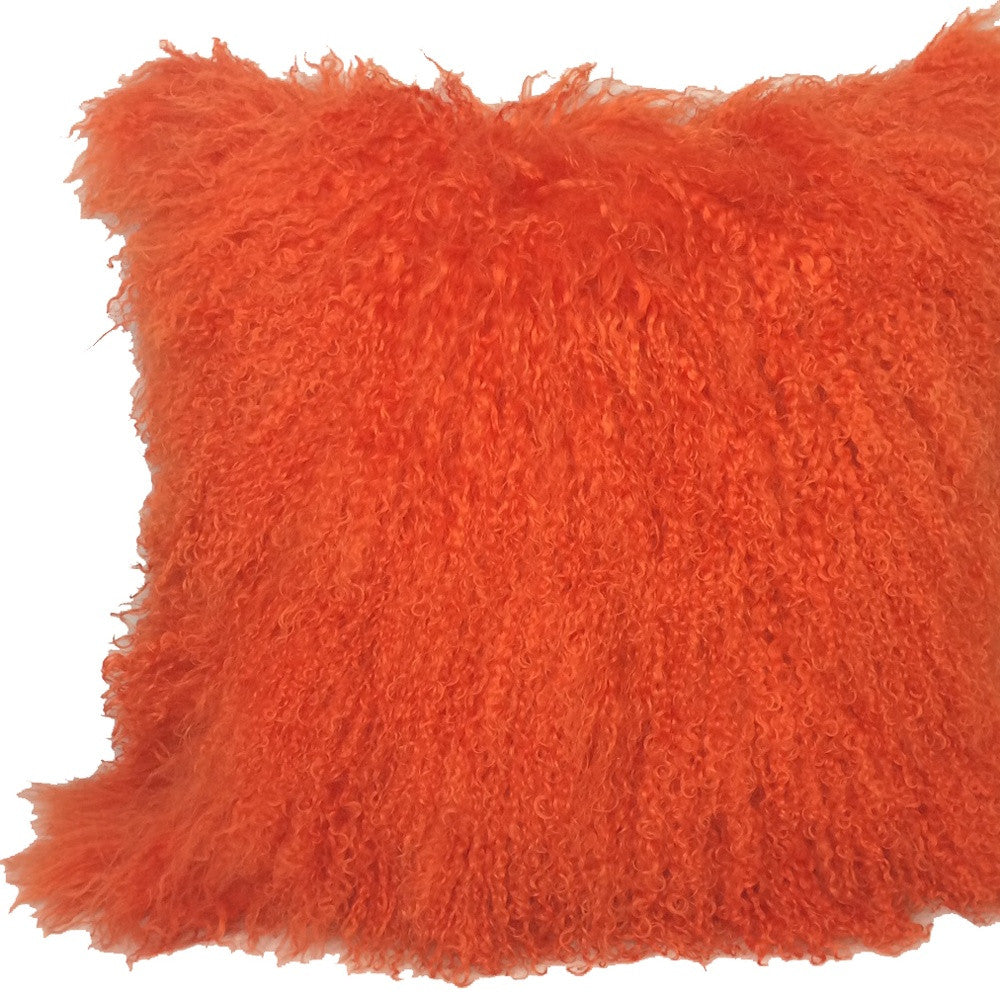 20" Orange Genuine Tibetan Lamb Fur Pillow With Microsuede Backing-Accent Throw Pillows-DECOROLALA