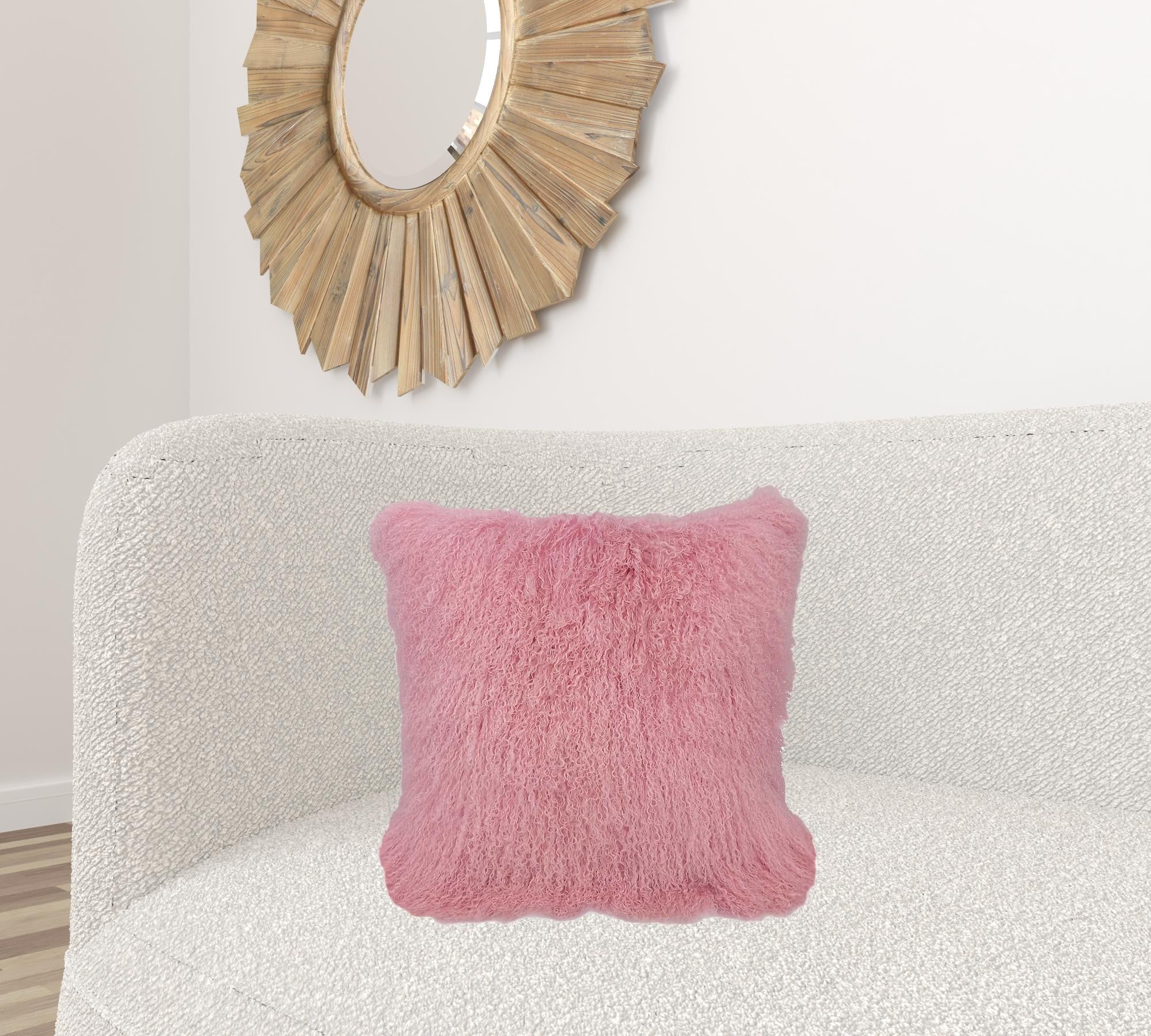 20" Pink Genuine Tibetan Lamb Fur Pillow With Microsuede Backing-Accent Throw Pillows-DECOROLALA