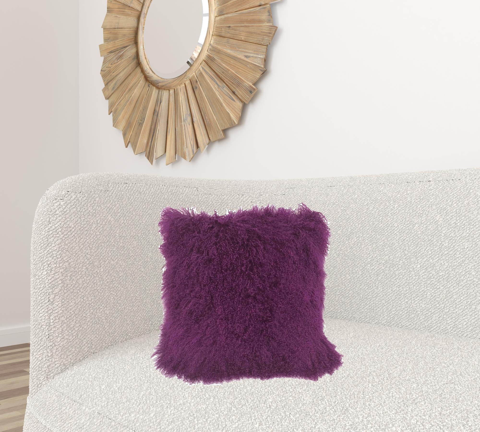 20" Purple Genuine Tibetan Lamb Fur Pillow With Microsuede Backing-Accent Throw Pillows-DECOROLALA