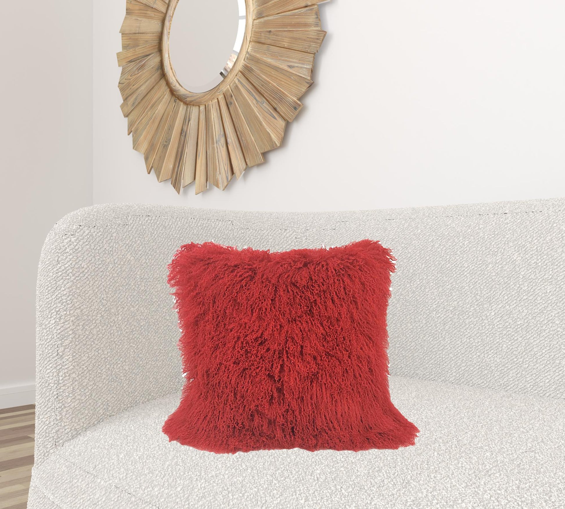 20" Red Genuine Tibetan Lamb Fur Pillow With Microsuede Backing-Accent Throw Pillows-DECOROLALA