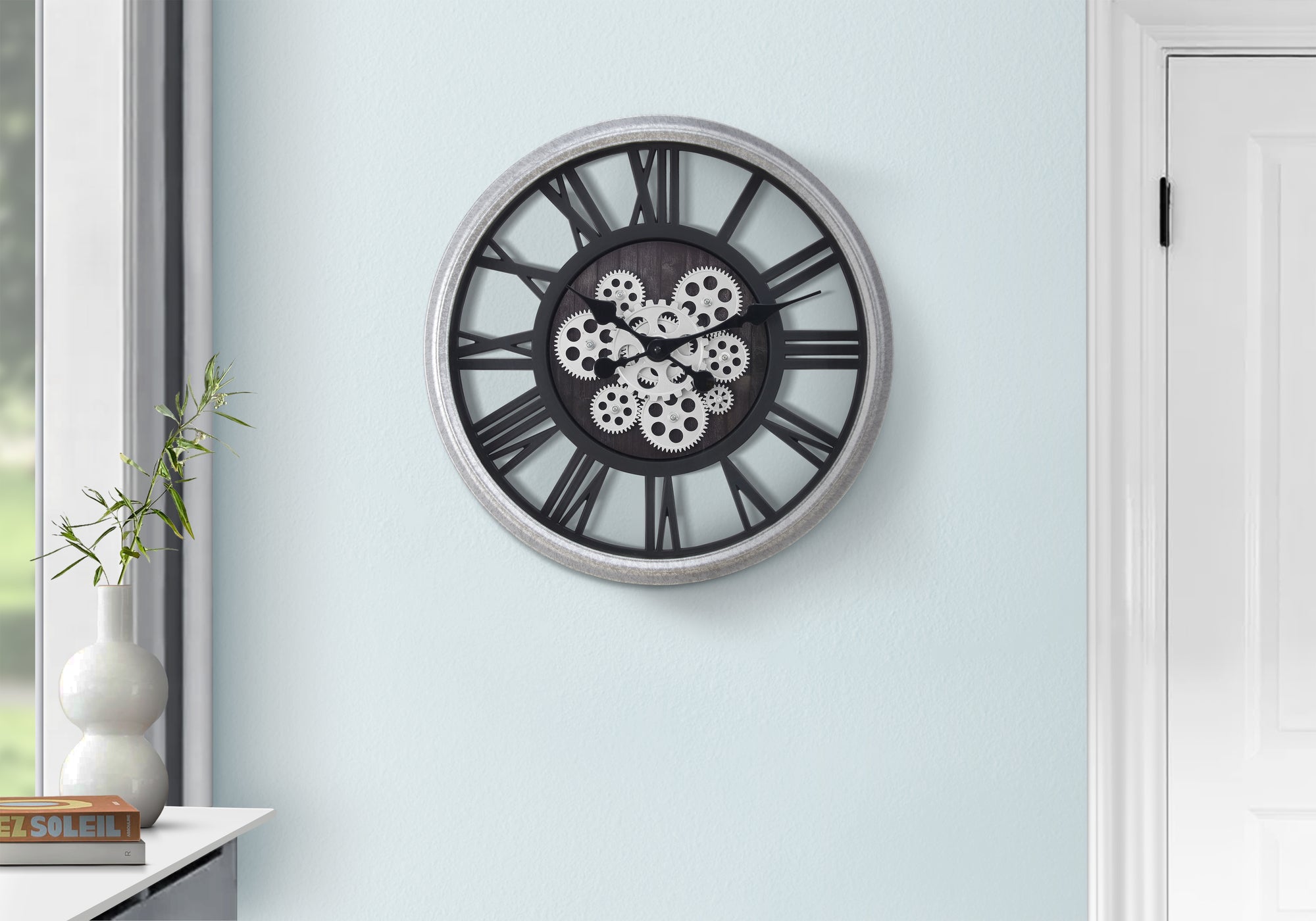 20" Round Skeleton Wall Clock Black/Silver-Clocks-DECOROLALA