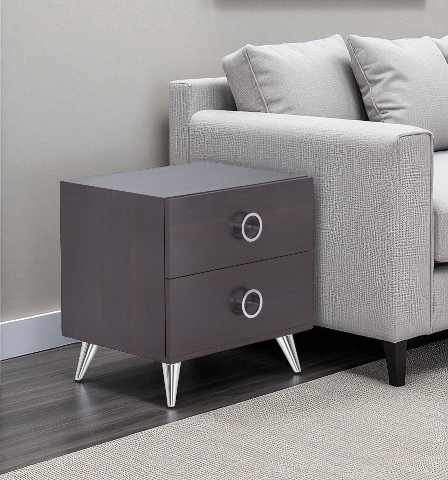20" Silver And Espresso End Table With Two Drawers-End-Side Tables-DECOROLALA