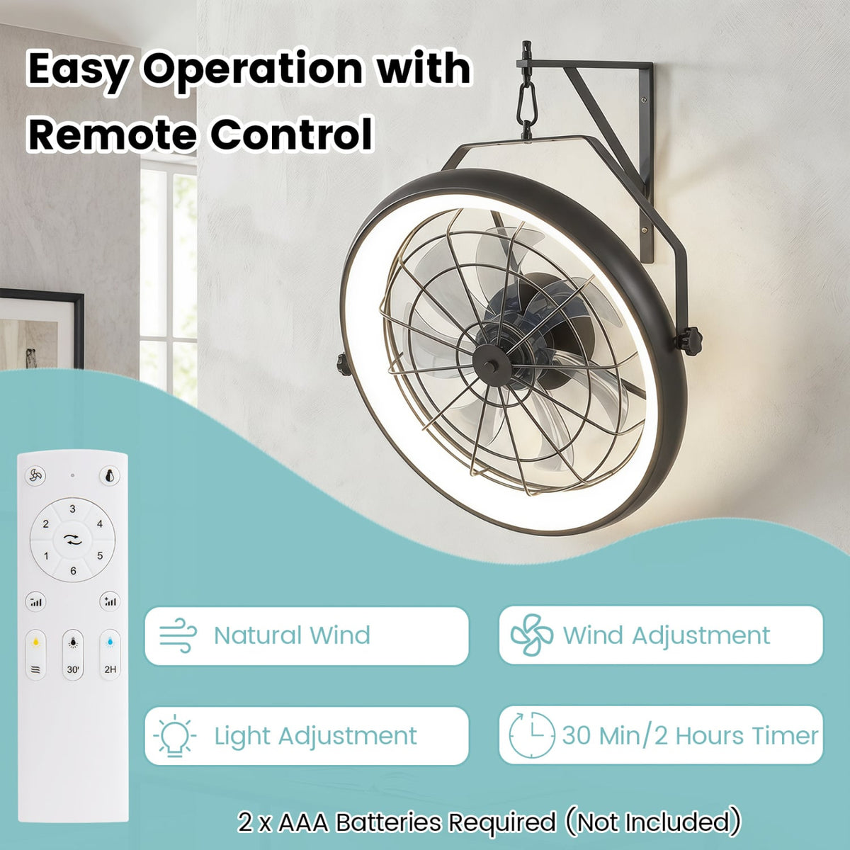 20” Wall Mounted Fan with Dimmable LED Light and 6 Wind Speeds-Black-Ceiling Fans-DECOROLALA