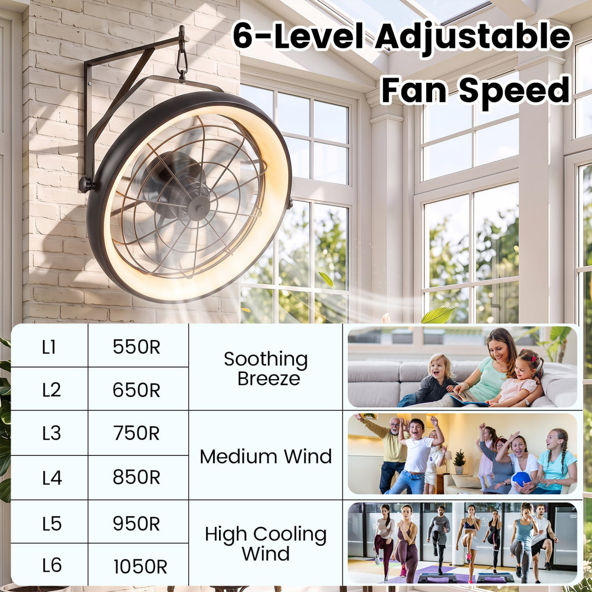 20” Wall Mounted Fan with Dimmable LED Light and 6 Wind Speeds-Black-Ceiling Fans-DECOROLALA