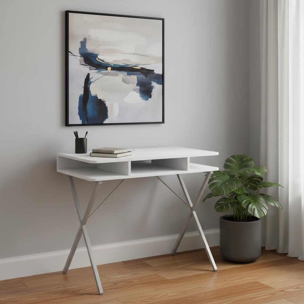 20" White and Silver Computer Desk-Desks-DECOROLALA