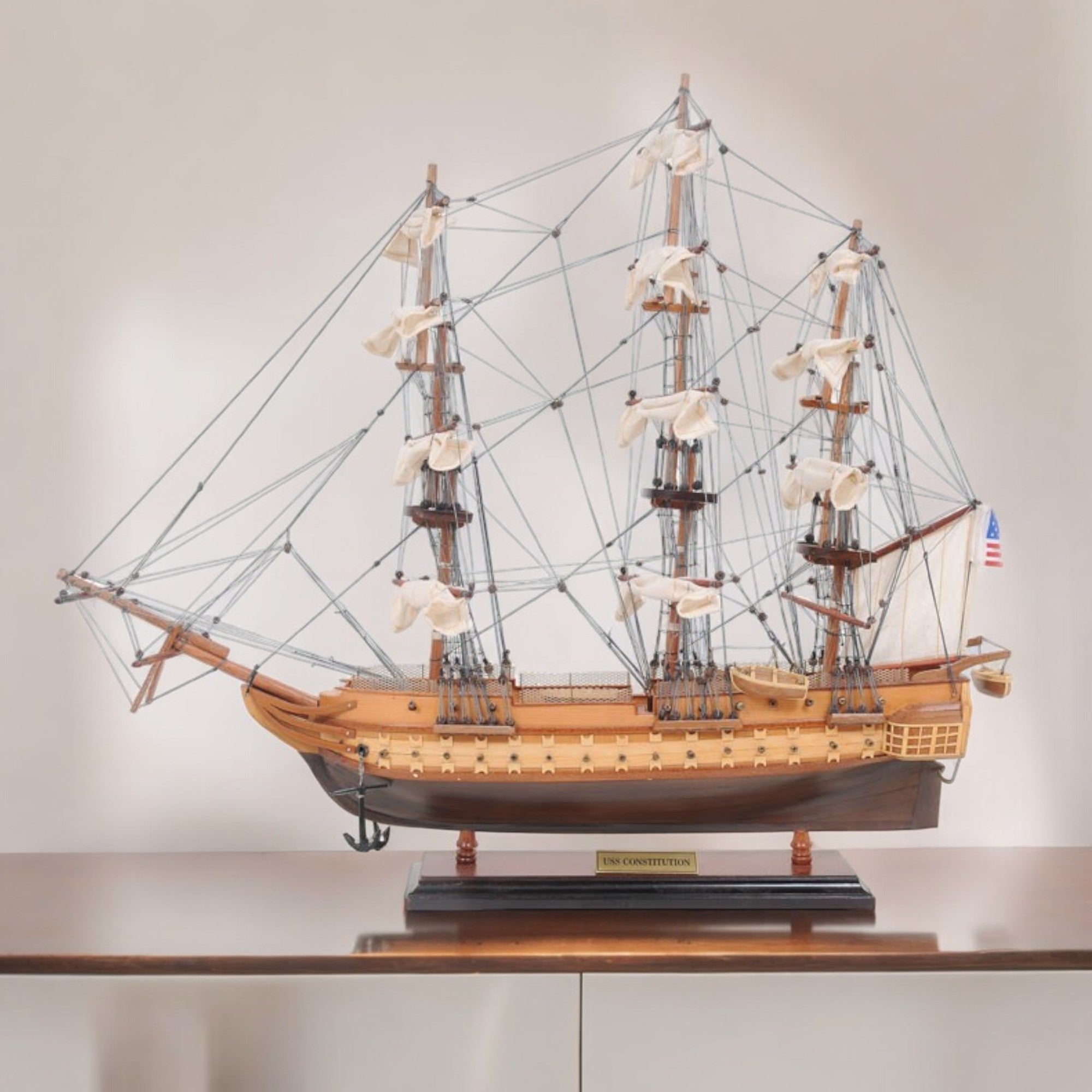 20" Wood Brown Solid Wood Hand Painted 1797 USS Constitution Small Model Boat-Sculptures-DECOROLALA