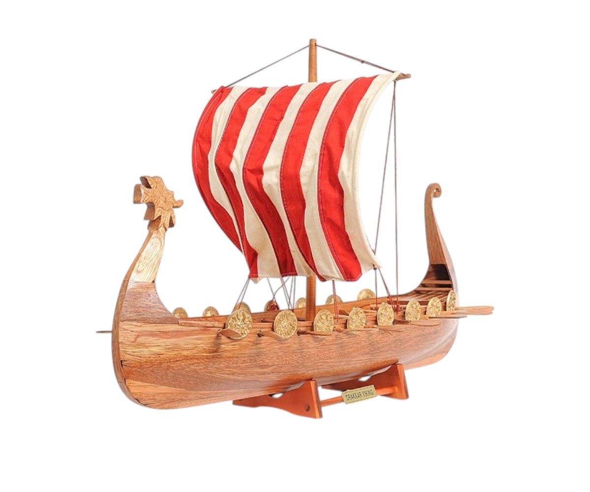 20" Wood Brown Solid Wood Hand Painted Model Boat Tabletop Sculpture-Sculptures-DECOROLALA