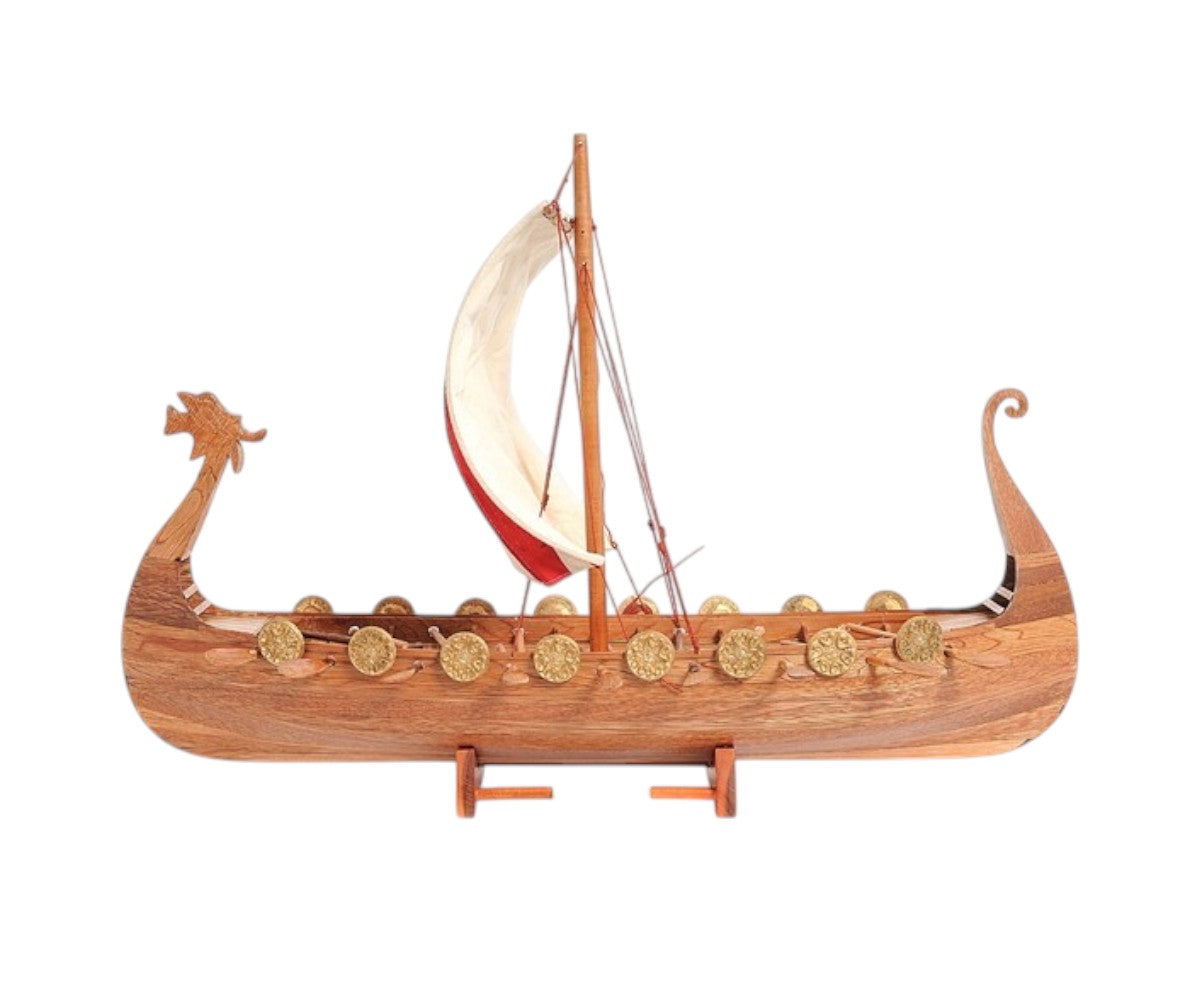 20" Wood Brown Solid Wood Hand Painted Model Boat Tabletop Sculpture-Sculptures-DECOROLALA