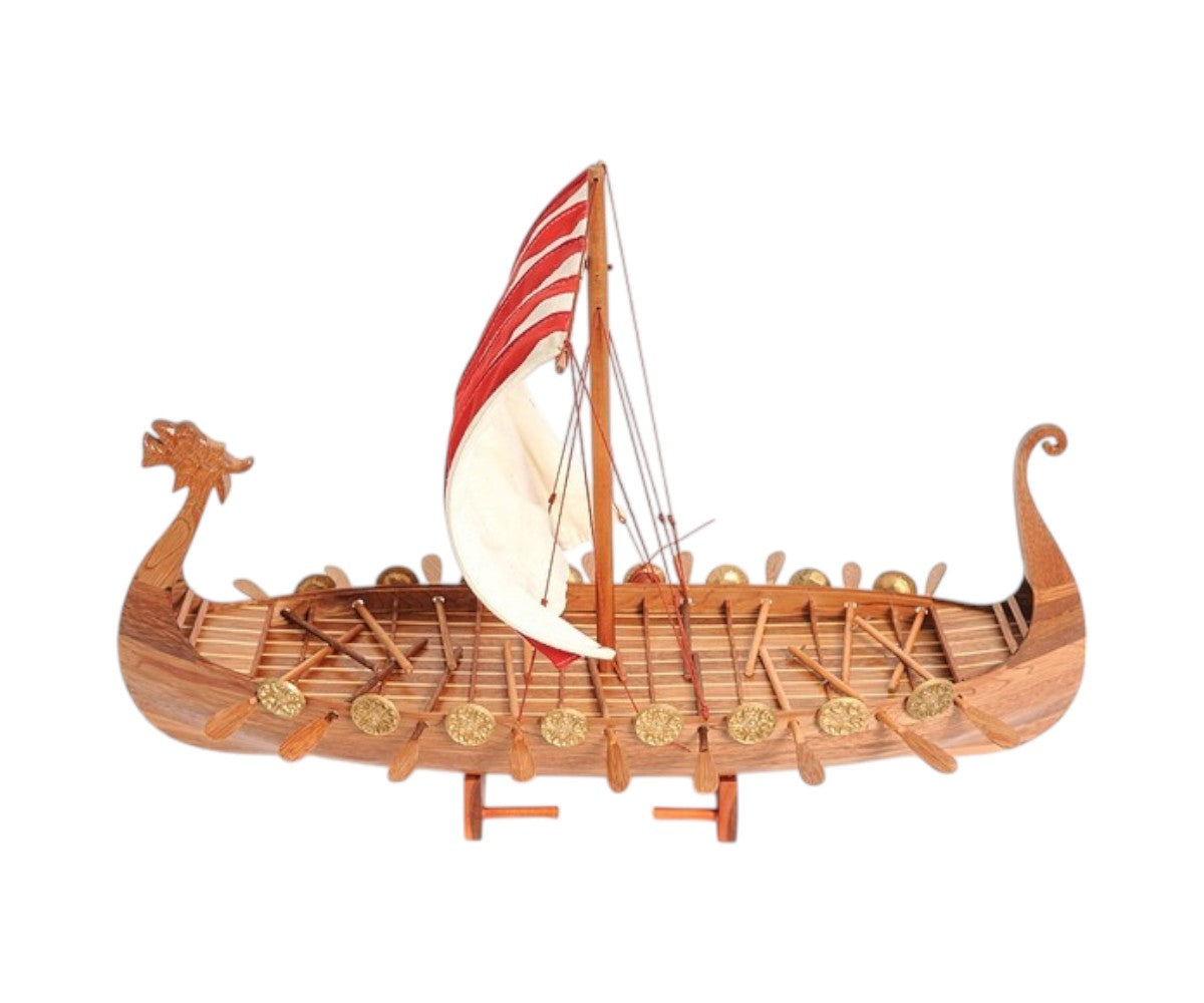 20" Wood Brown Solid Wood Hand Painted Model Boat Tabletop Sculpture-Sculptures-DECOROLALA