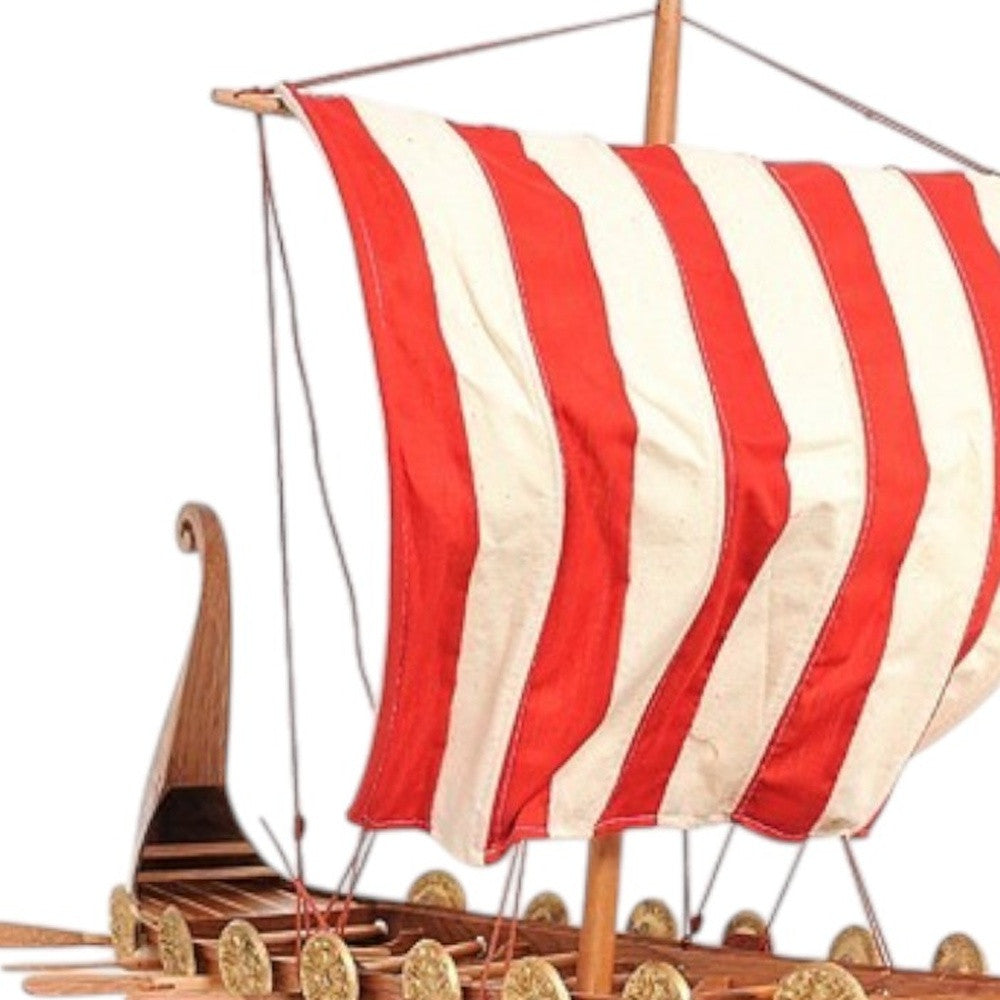 20" Wood Brown Solid Wood Hand Painted Model Boat Tabletop Sculpture-Sculptures-DECOROLALA