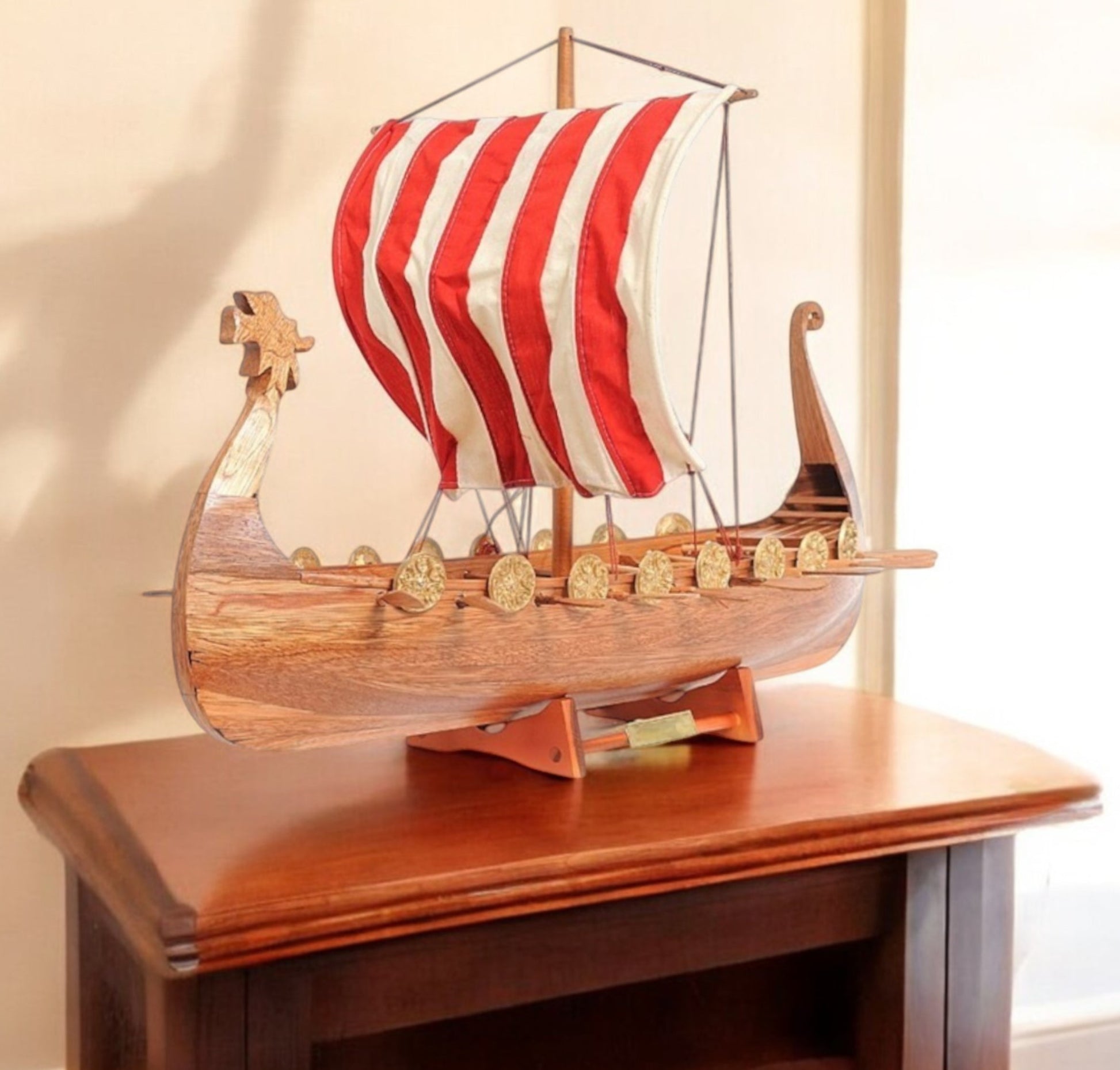 20" Wood Brown Solid Wood Hand Painted Model Boat Tabletop Sculpture-Sculptures-DECOROLALA