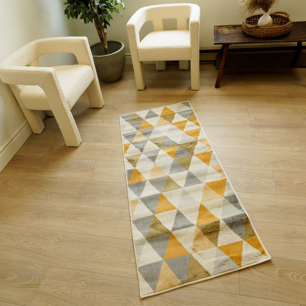 20' Yellow And Ivory Geometric Runner Rug-Area Rugs-DECOROLALA