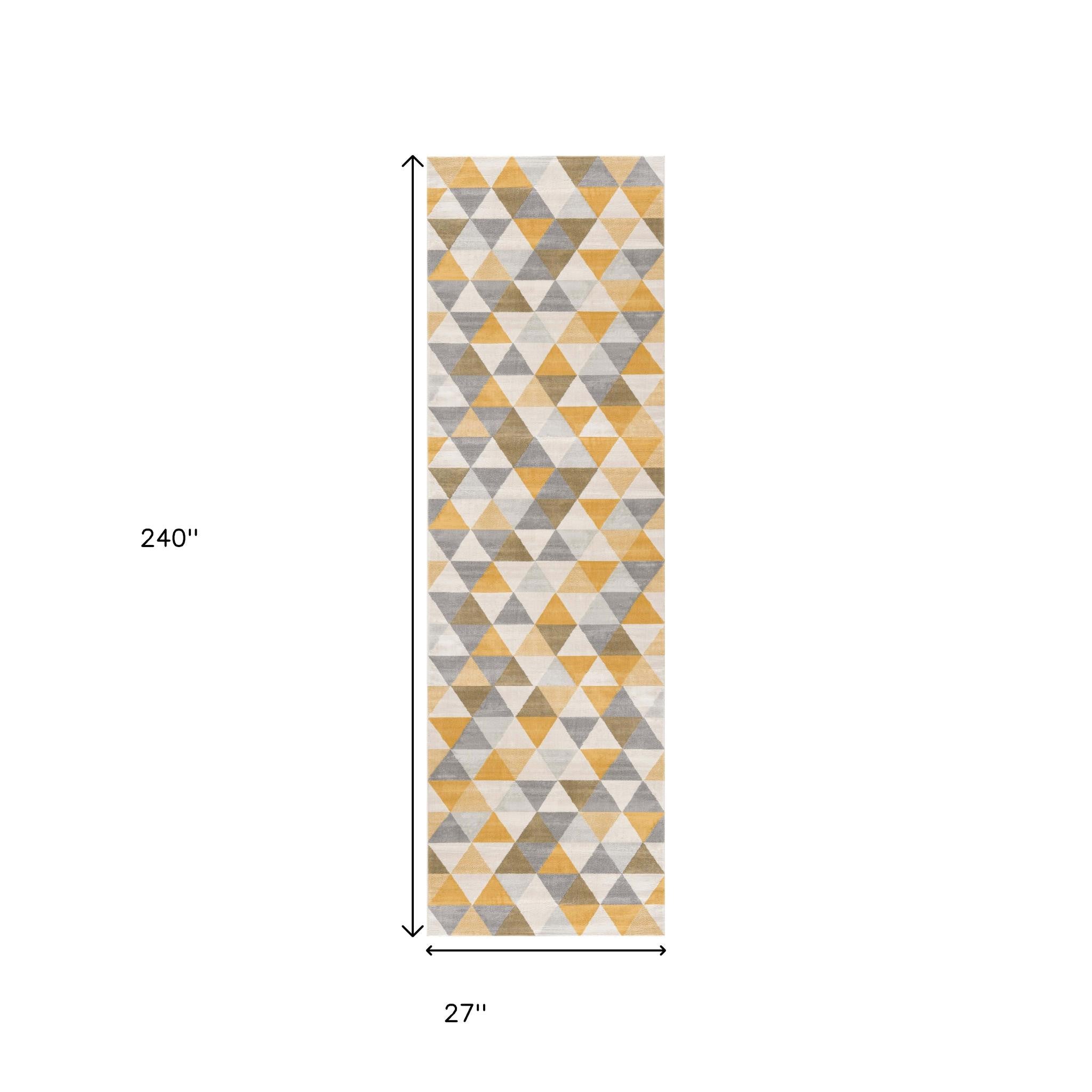20' Yellow And Ivory Geometric Runner Rug-Area Rugs-DECOROLALA