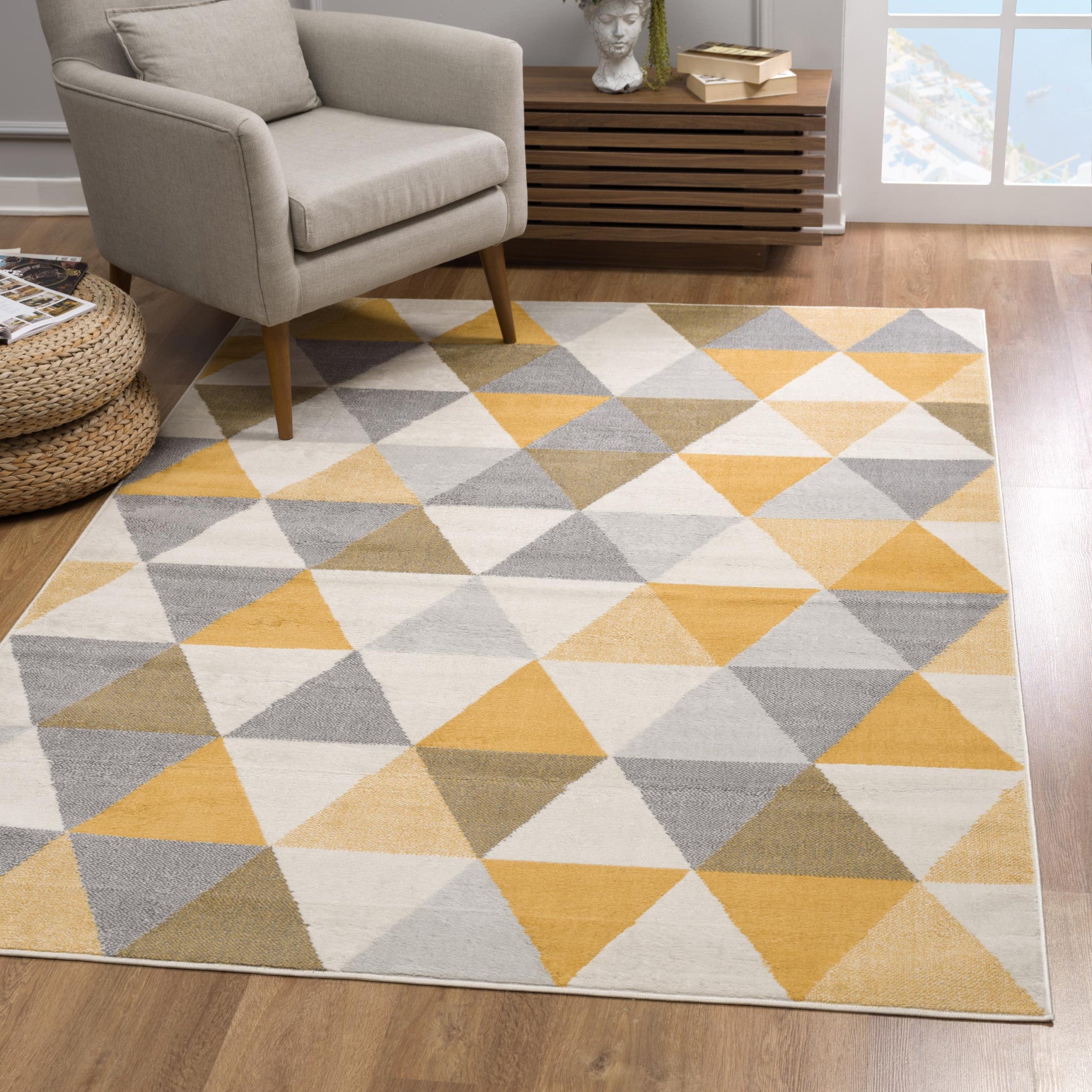 20' Yellow And Ivory Geometric Runner Rug-Area Rugs-DECOROLALA