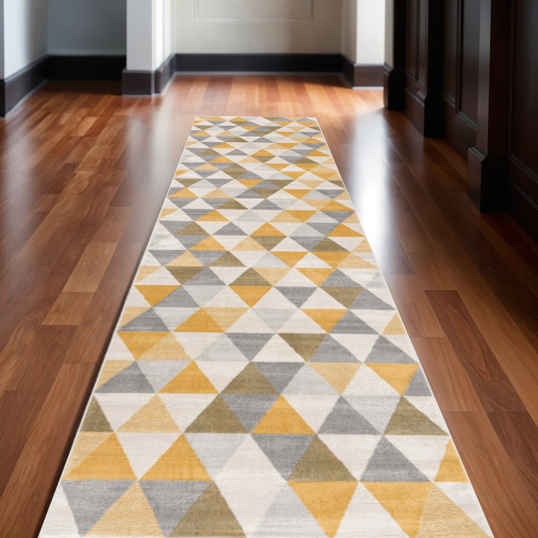20' Yellow And Ivory Geometric Runner Rug-Area Rugs-DECOROLALA