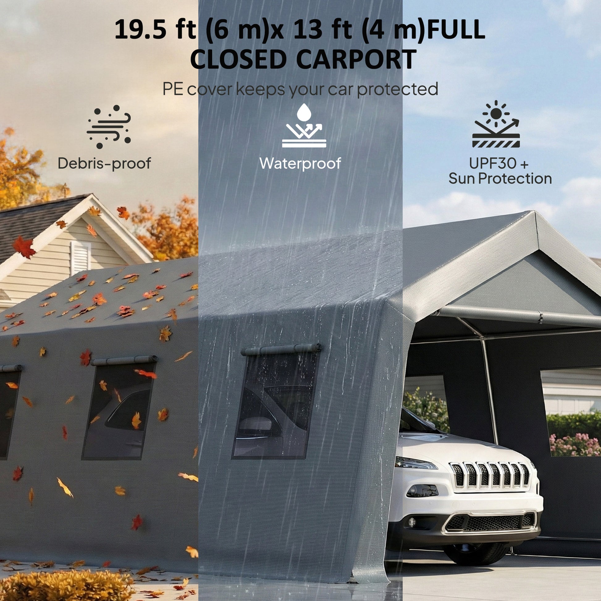 20 x 13 ft Portable Garage Carport - Dark Grey Steel Frame-Patio & Garden > Wedding & Events Tents > Car Shelters-DECOROLALA