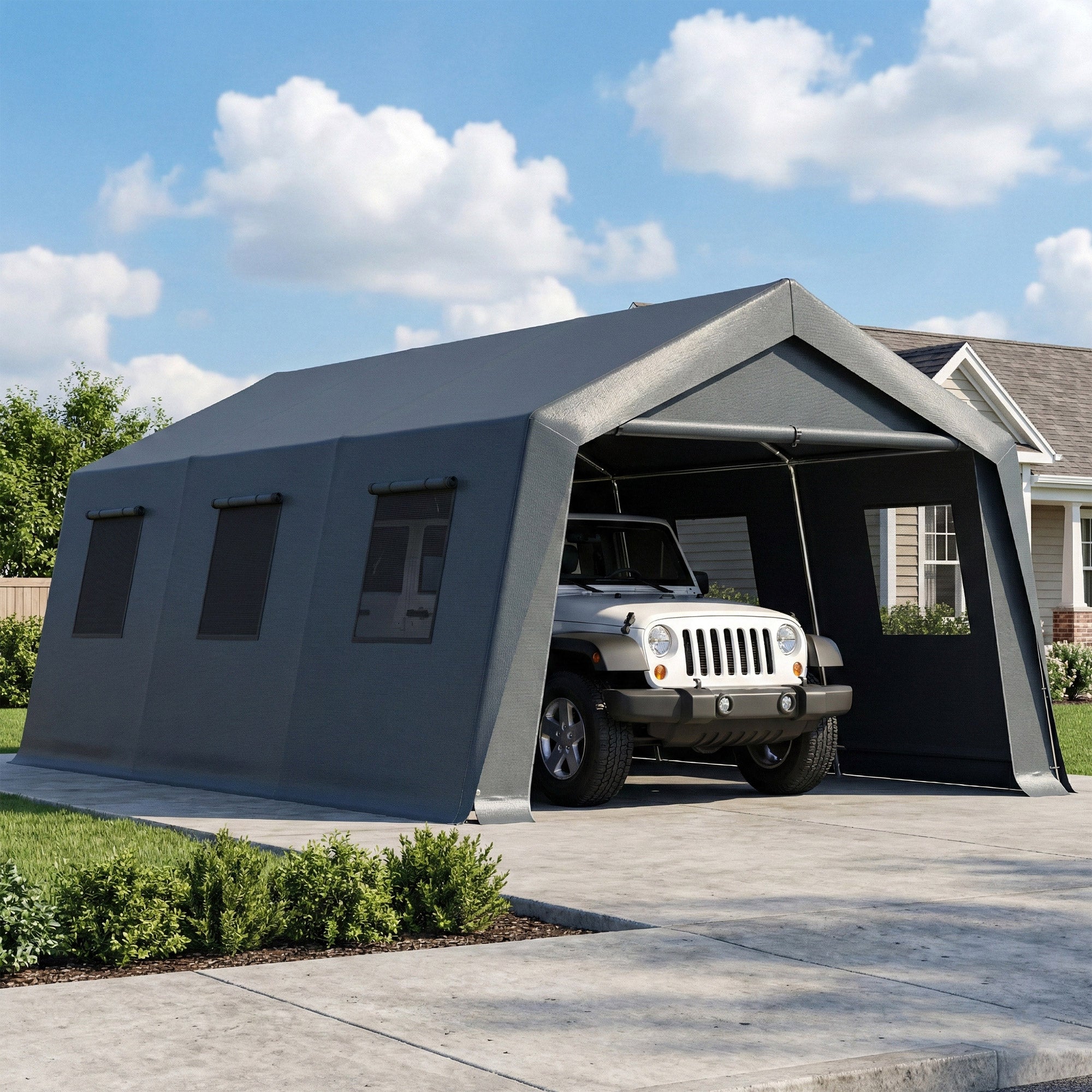 20 x 13 ft Portable Garage Carport - Dark Grey Steel Frame-Patio & Garden > Wedding & Events Tents > Car Shelters-DECOROLALA