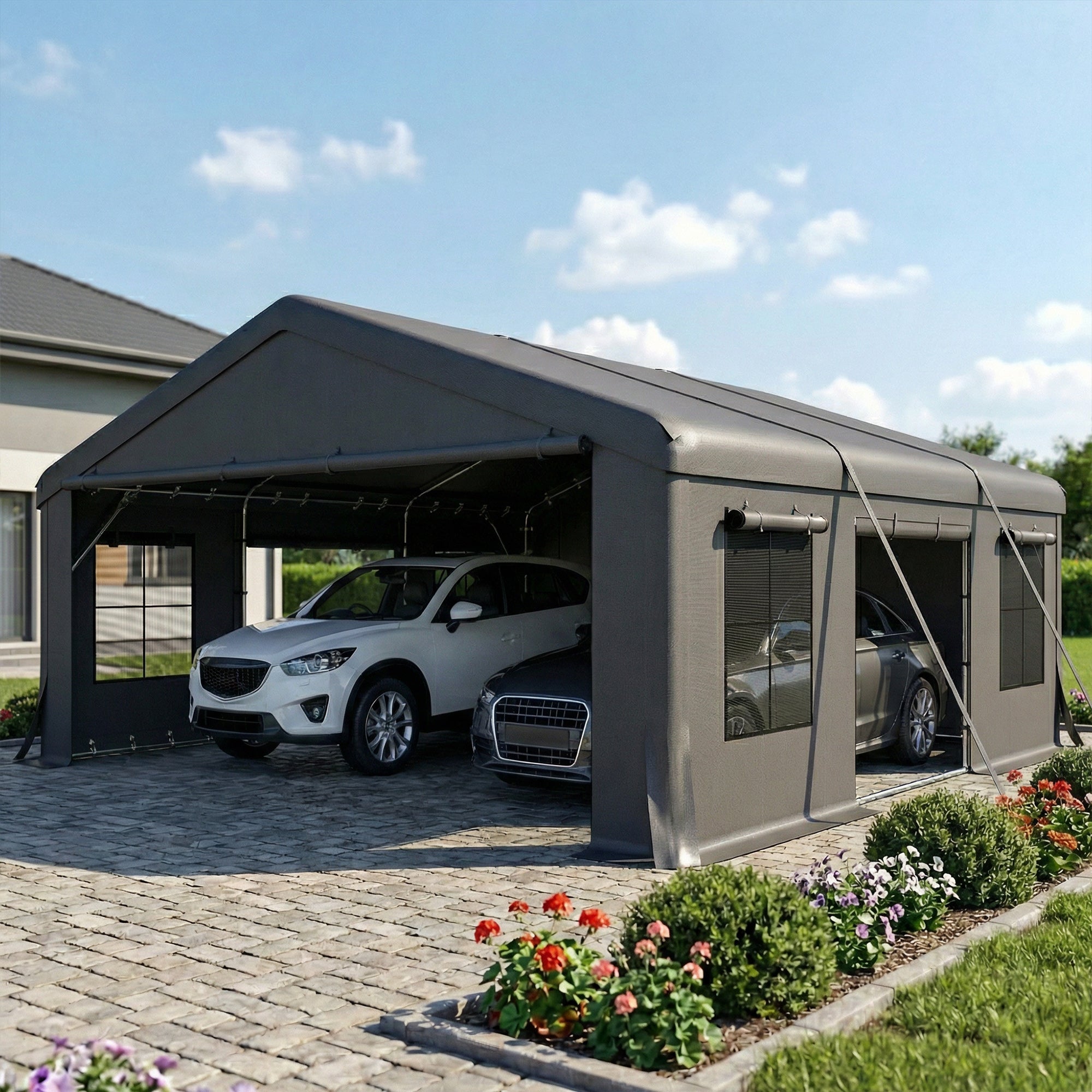 20' x 20' Heavy Duty Carport Canopy Garage - Dark Grey-Patio & Garden > Wedding & Events Tents > Car Shelters-DECOROLALA
