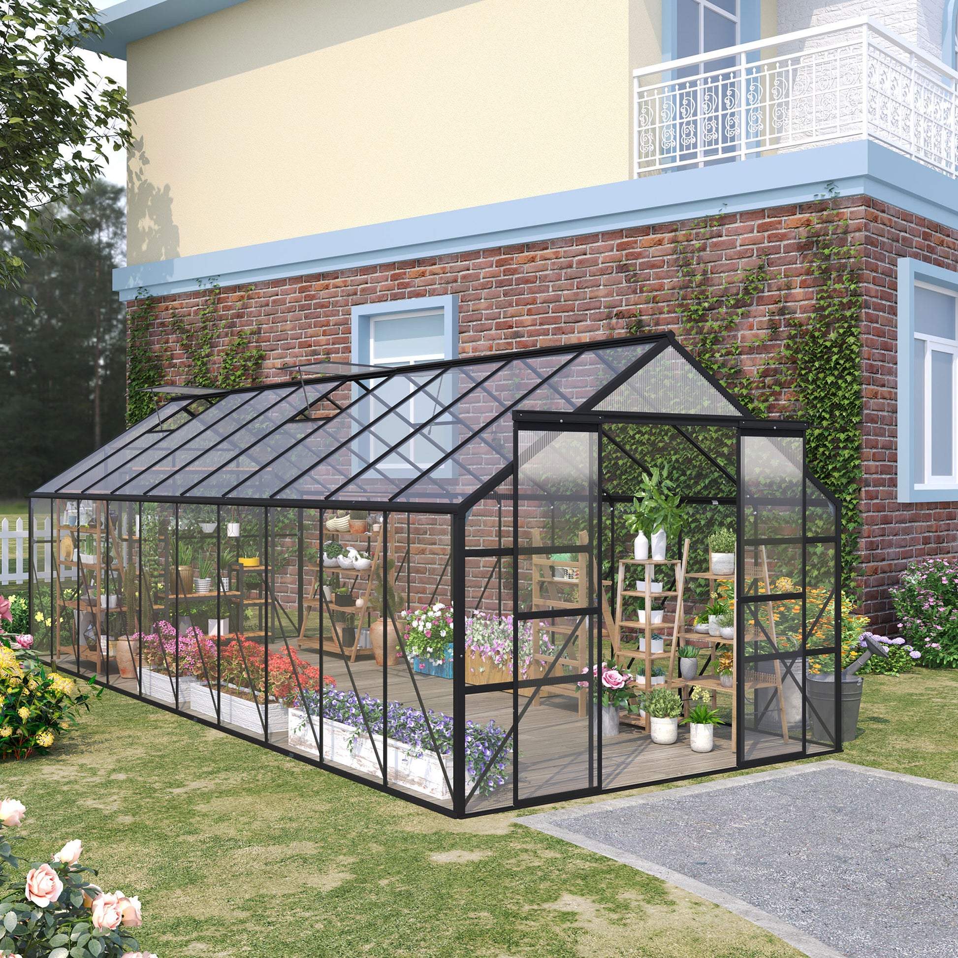 20' x 8' Aluminum Walk-in Greenhouse - Black/Clear-DECOROLALA