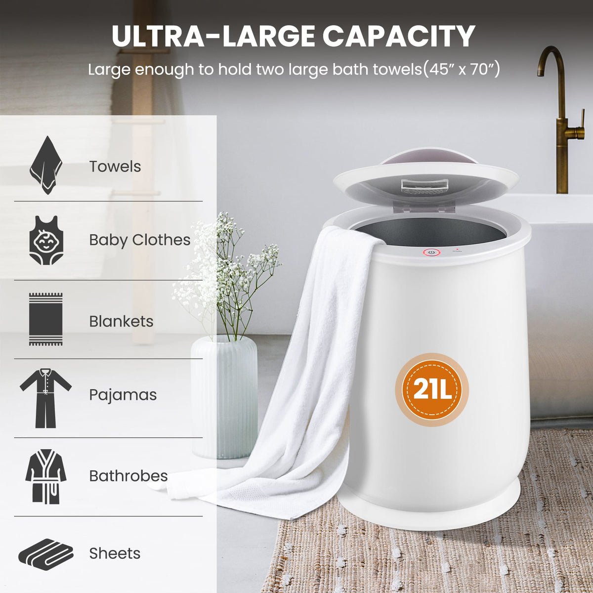 20L Bucket Towel Warmer - White Portable Spa Heater 450W-Dryers-DECOROLALA