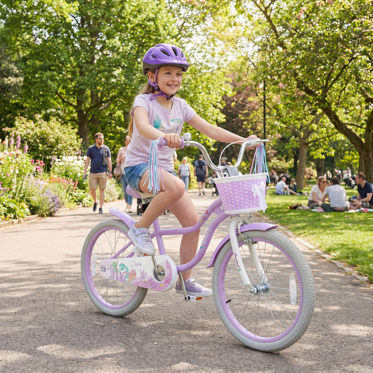 Vélo pour enfant réglable avec panier et rubans - Thème Princesse de la mer