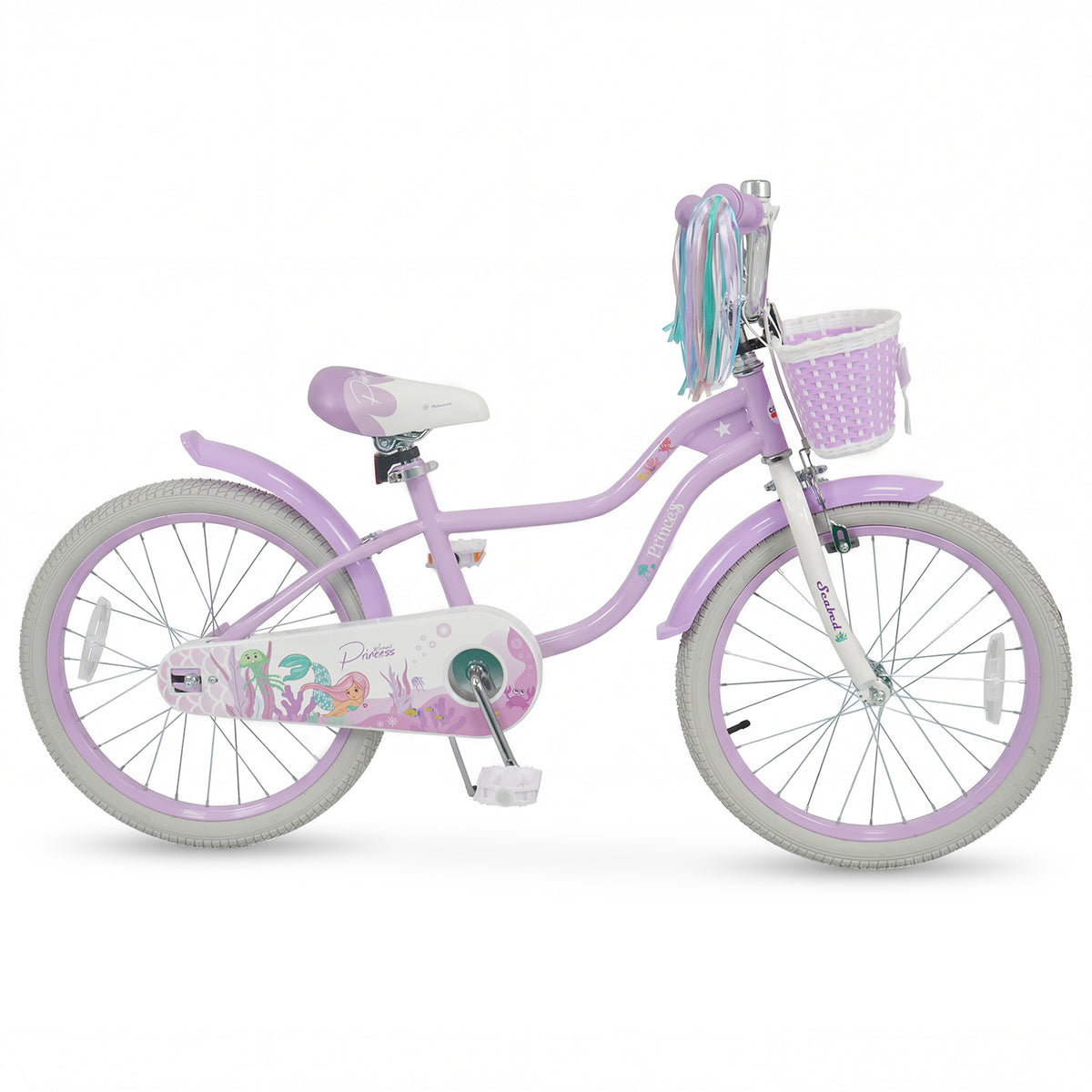Vélo pour enfant réglable avec panier et rubans - Thème Princesse de la mer