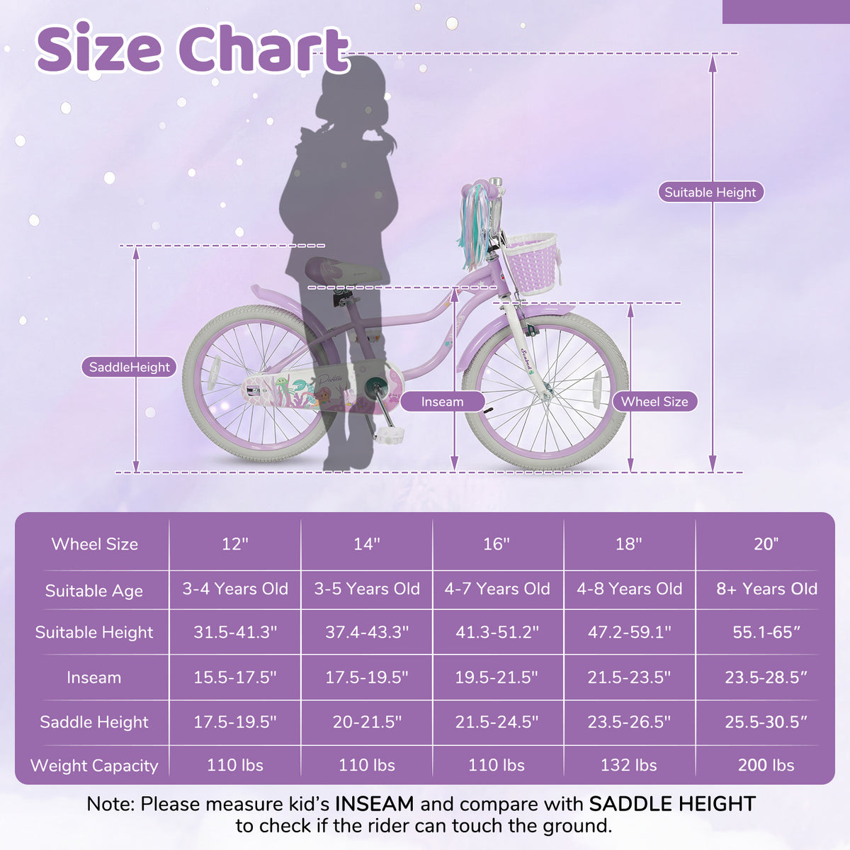 Vélo pour enfant réglable avec panier et rubans - Thème Princesse de la mer
