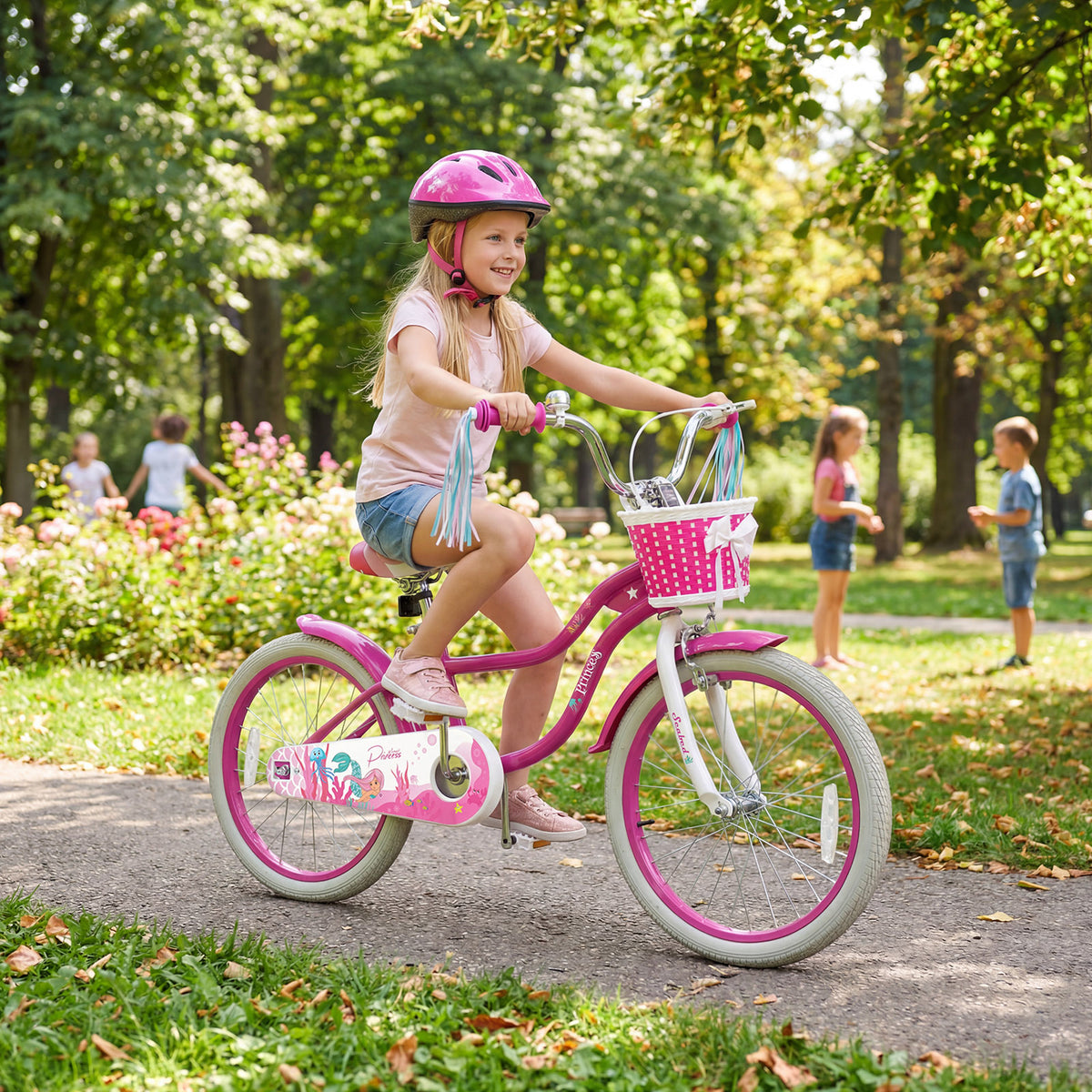 Kids Bike Adjustable with Basket and Streamers - Princess of the Sea Theme