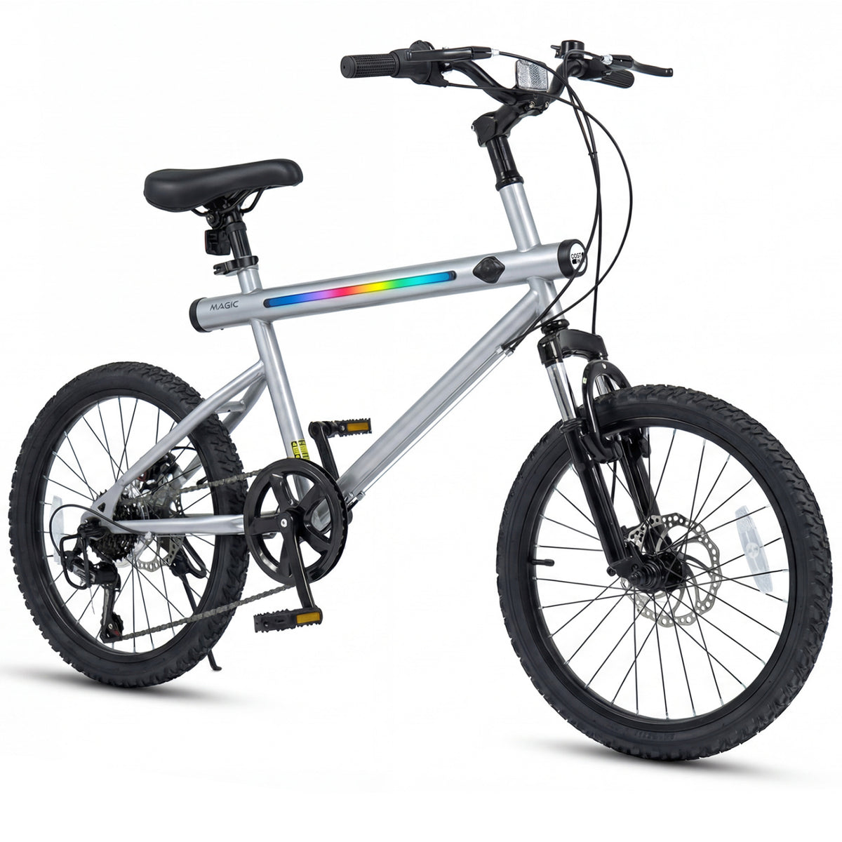 Vélo de ville avec éclairage LED, changement de vitesse Shimano à poignée tournante à 6 vitesses et haut-parleurs stéréo
