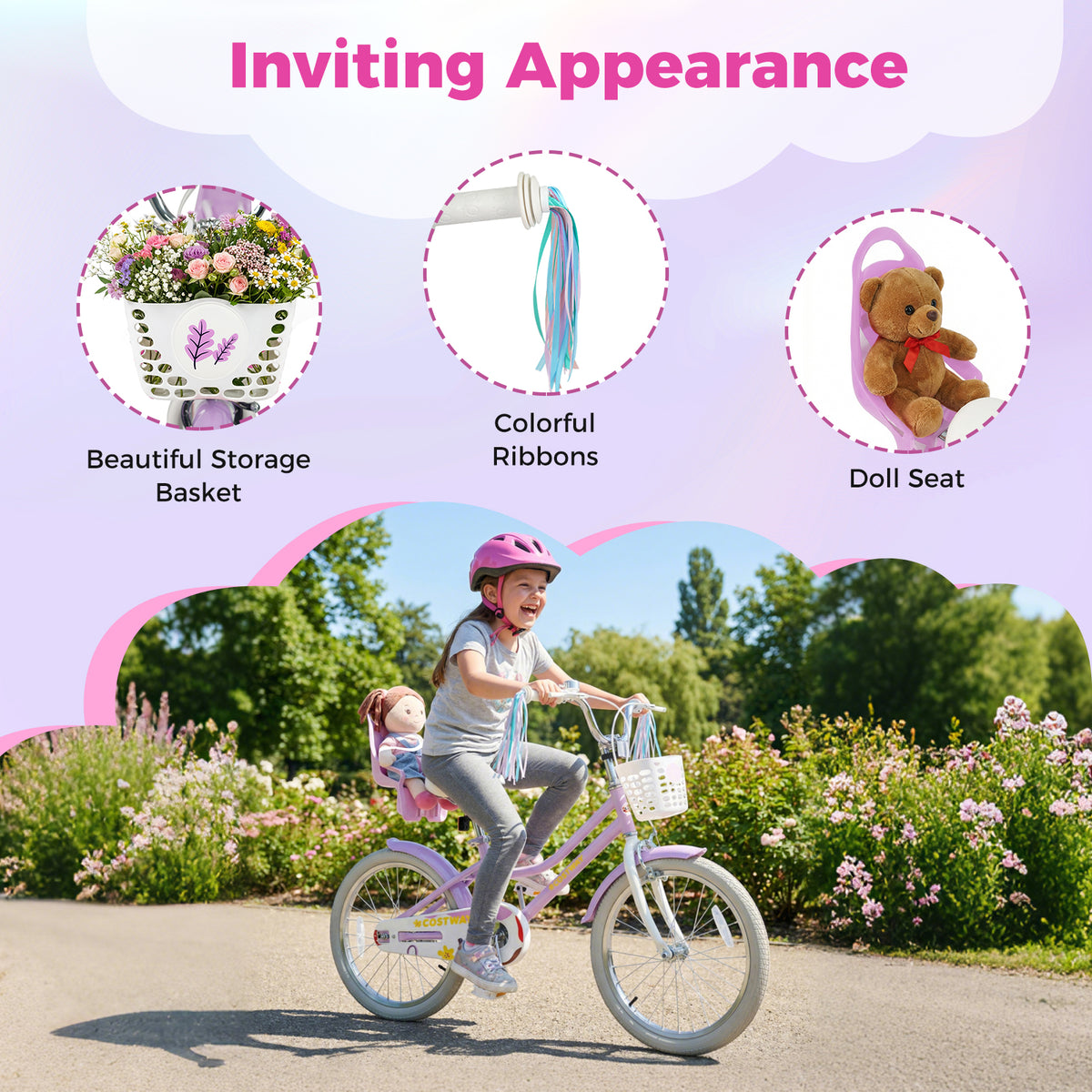 Girls Bike 16-inch Kids Bicycle with Doll Seat and Training Wheels