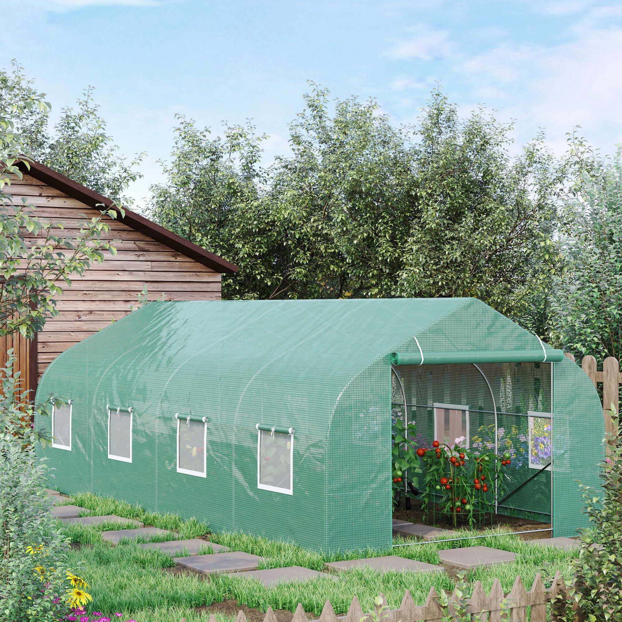 20x10x7ft Walk-in Steeple Greenhouse - Green Tunnel Shed-DECOROLALA
