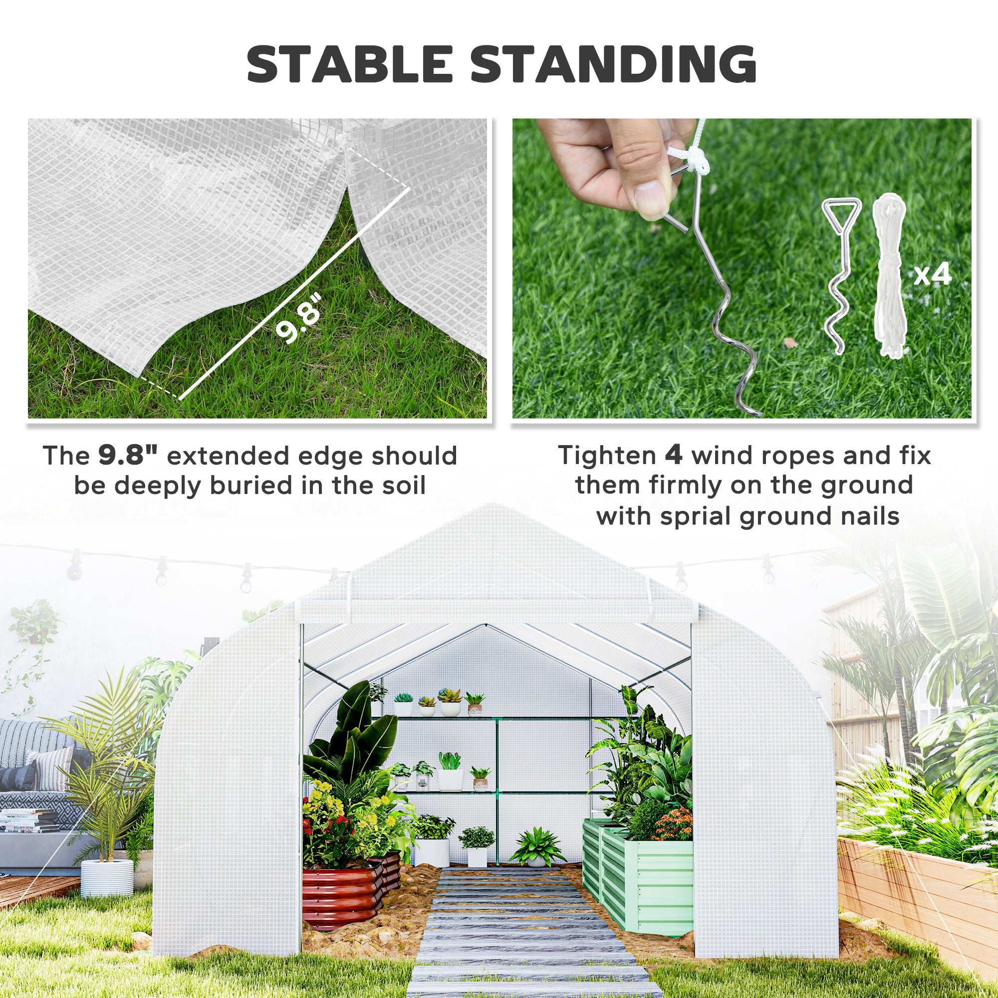 20x10x7ft Walk-in Tunnel Greenhouse with 8 Windows - White-DECOROLALA
