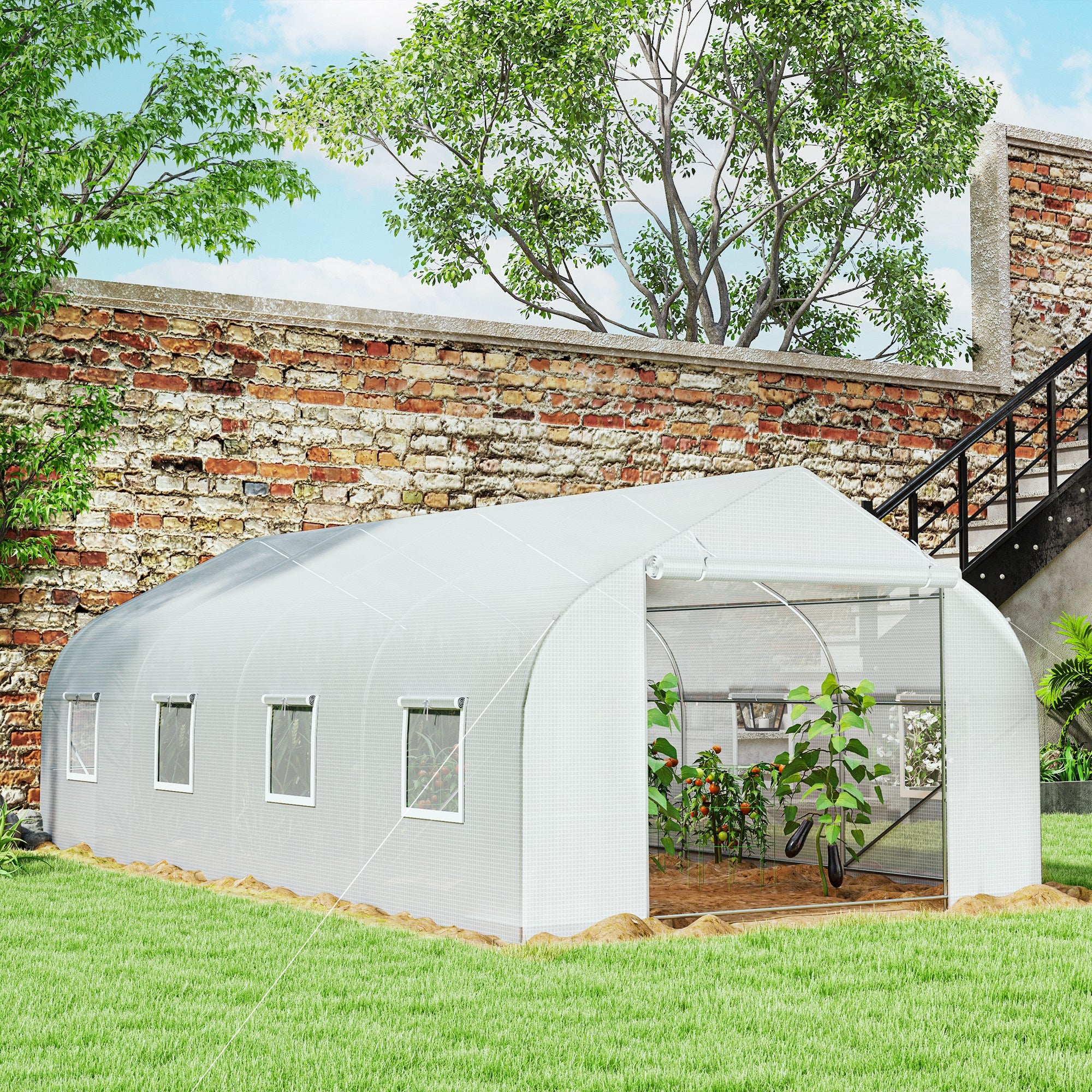20x10x7ft Walk-in Tunnel Greenhouse with 8 Windows - White-DECOROLALA