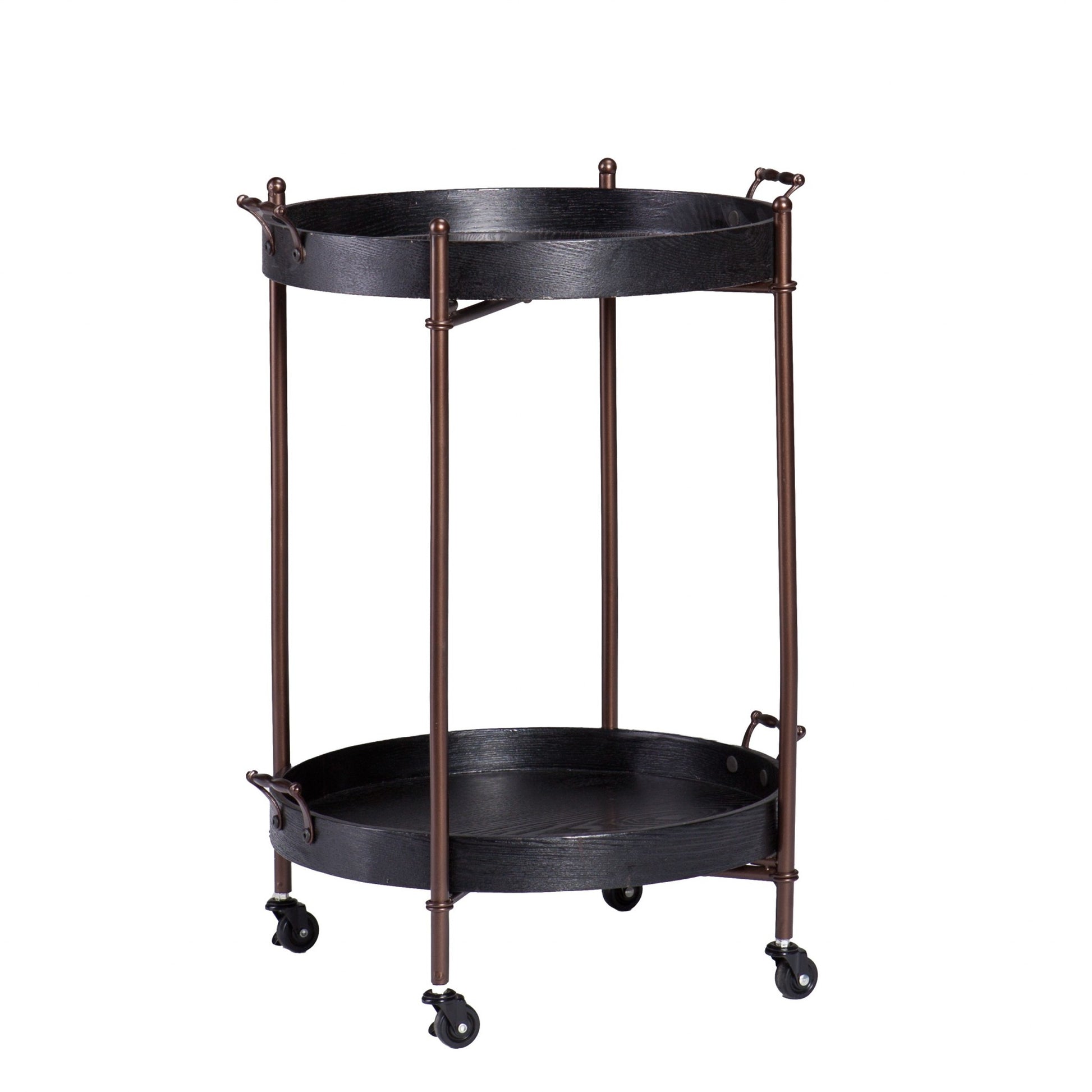 21" Black And Bronze Wood And Iron Round Rolling Bar Cart-Bar Carts and Servers-DECOROLALA