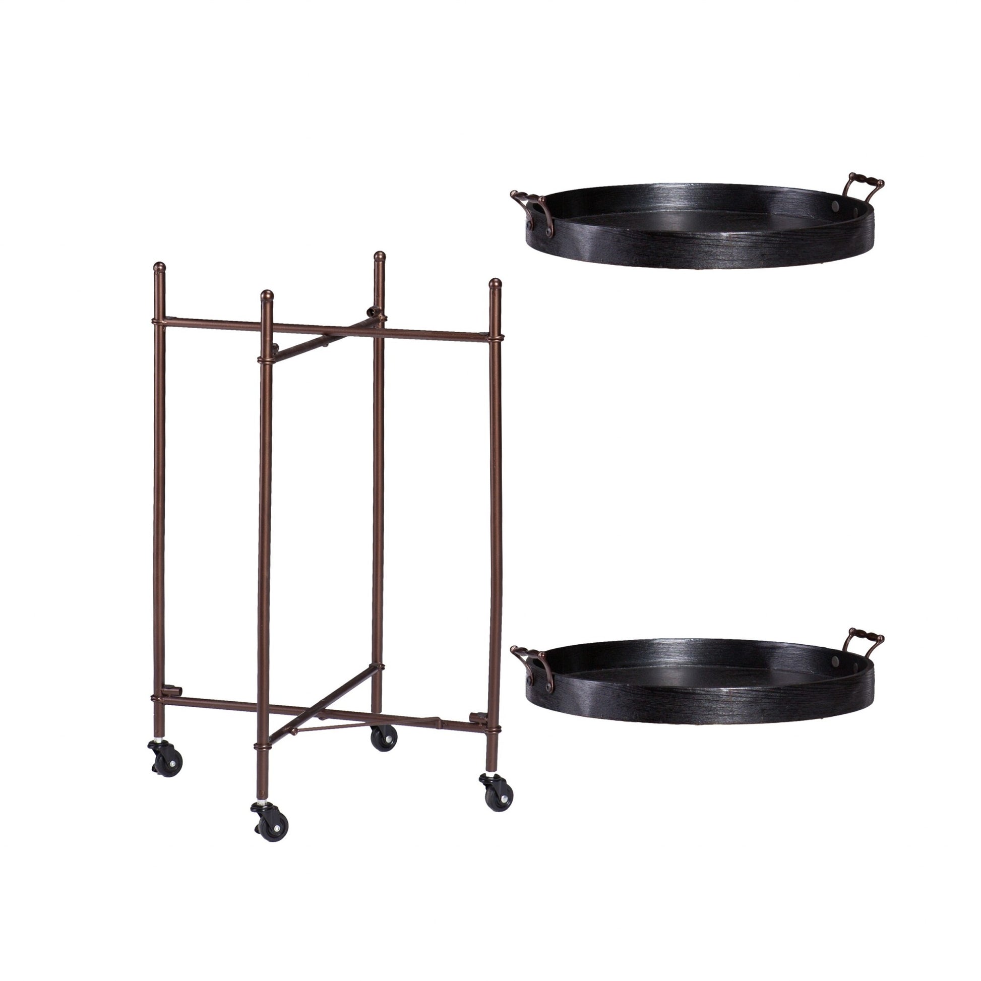 21" Black And Bronze Wood And Iron Round Rolling Bar Cart-Bar Carts and Servers-DECOROLALA