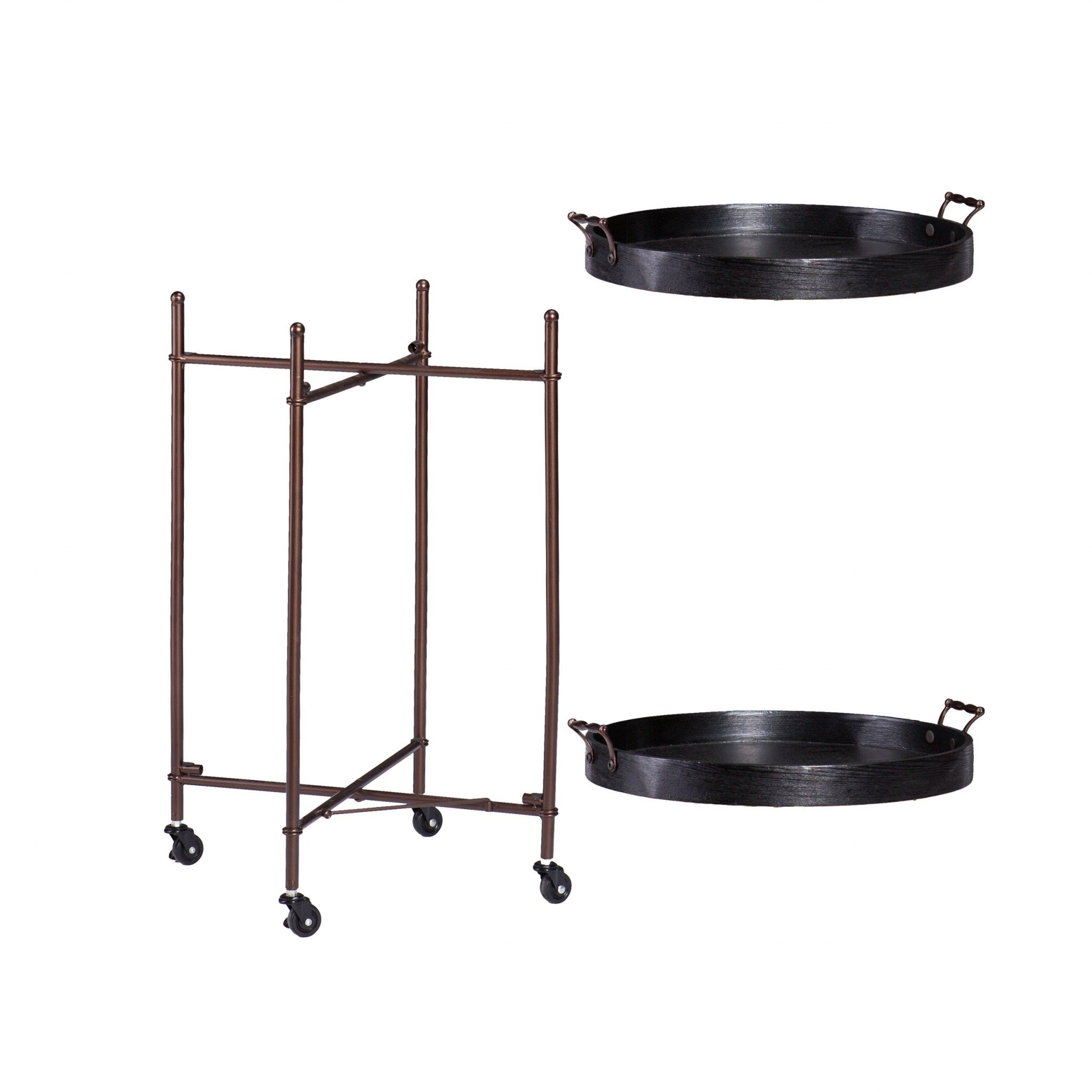 21" Black And Bronze Wood And Iron Round Rolling Bar Cart-Bar Carts and Servers-DECOROLALA