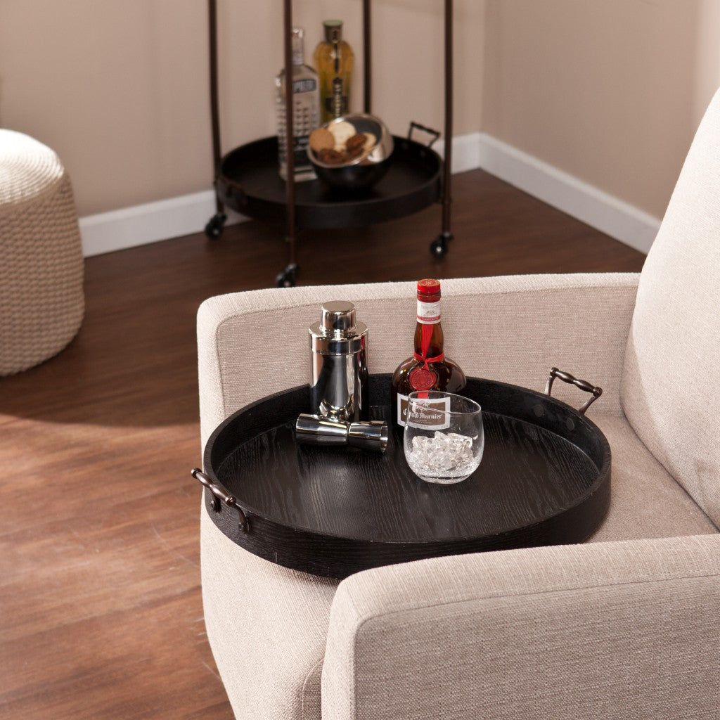 21" Black And Bronze Wood And Iron Round Rolling Bar Cart-Bar Carts and Servers-DECOROLALA