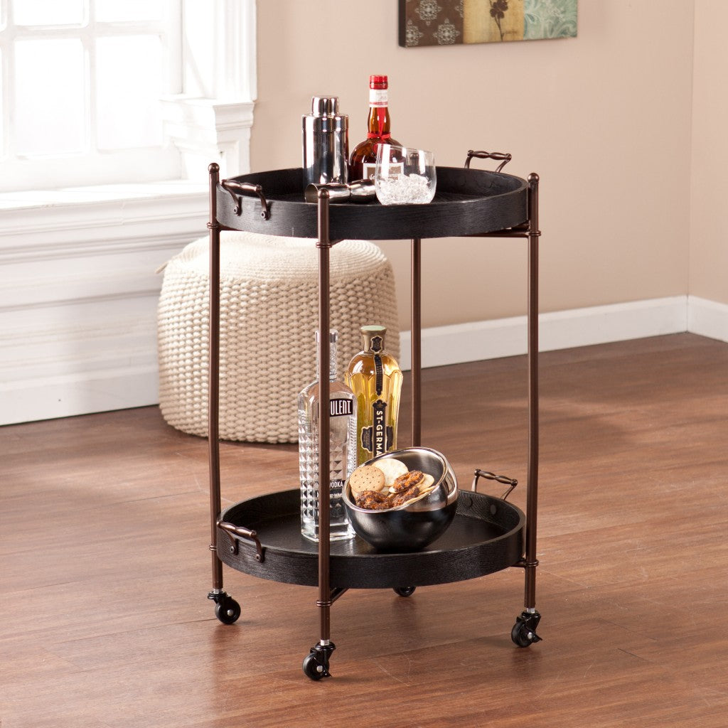 21" Black And Bronze Wood And Iron Round Rolling Bar Cart-Bar Carts and Servers-DECOROLALA