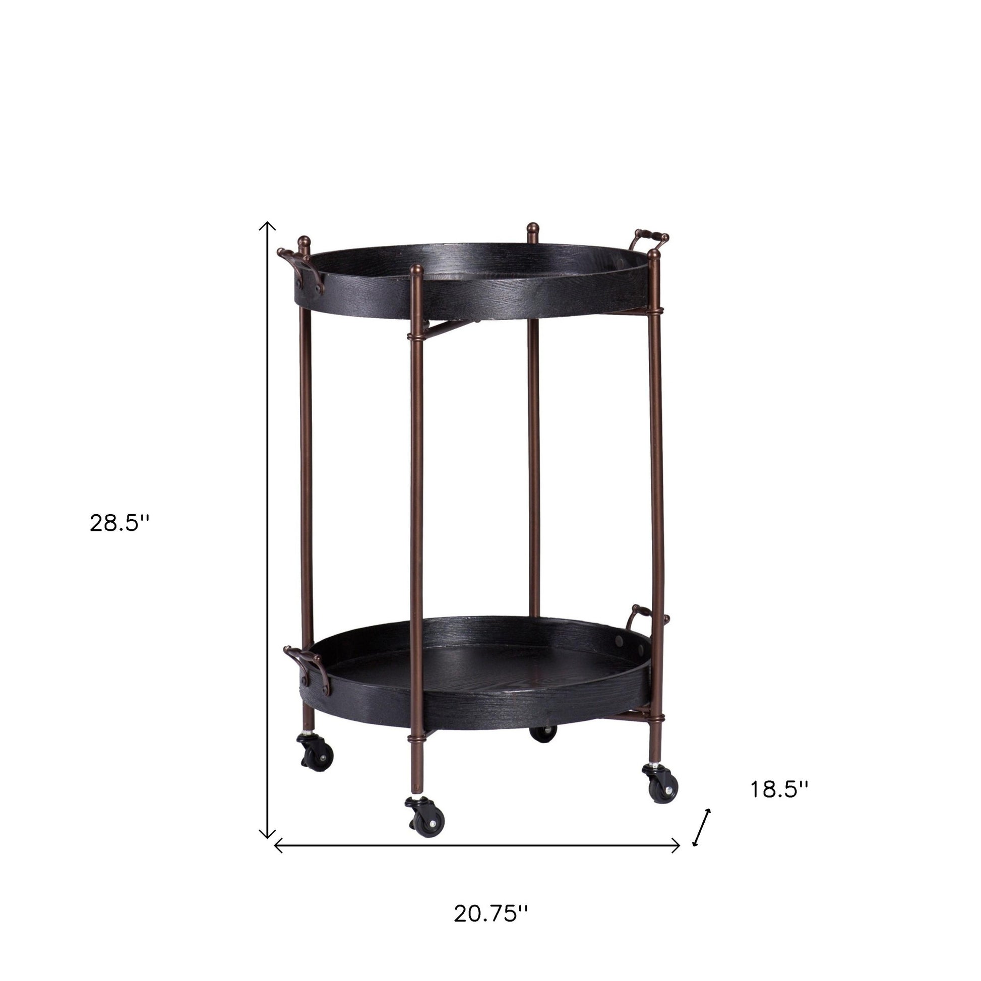 21" Black And Bronze Wood And Iron Round Rolling Bar Cart-Bar Carts and Servers-DECOROLALA