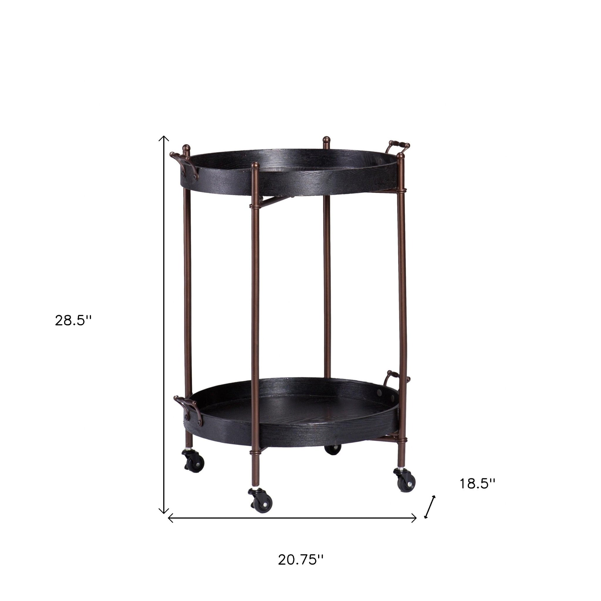 21" Black And Bronze Wood And Iron Round Rolling Bar Cart-Bar Carts and Servers-DECOROLALA