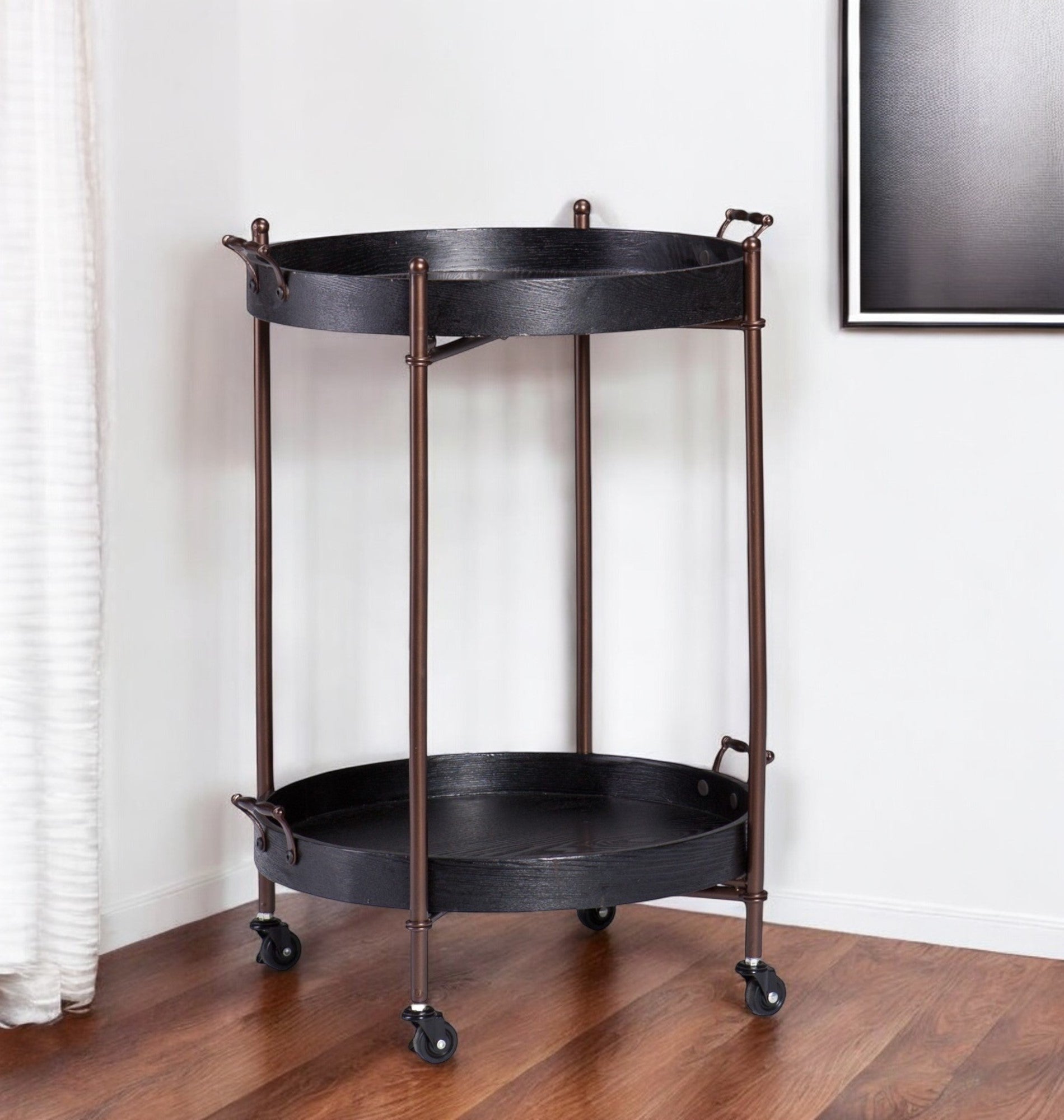 21" Black And Bronze Wood And Iron Round Rolling Bar Cart-Bar Carts and Servers-DECOROLALA