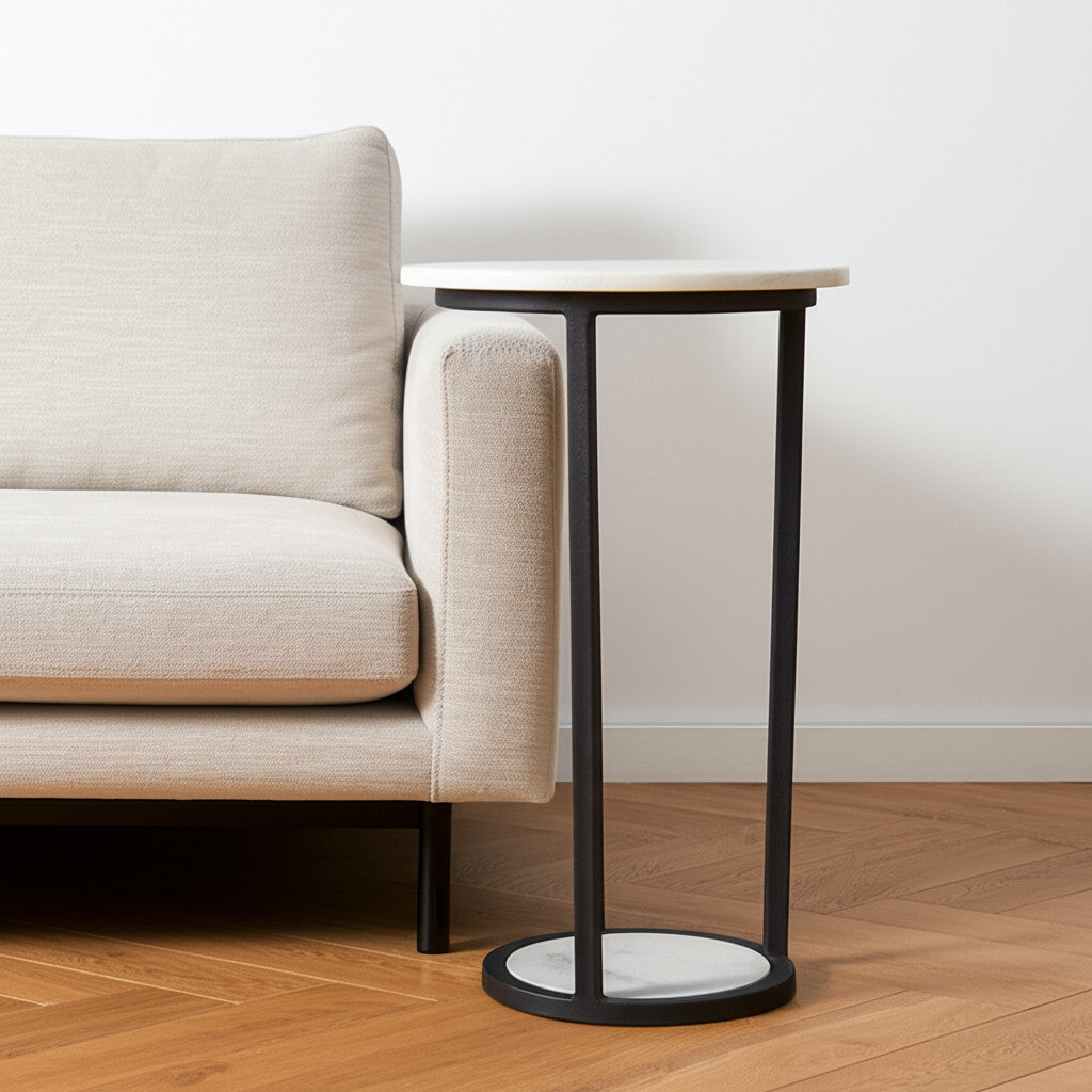 21" Black And White Marble Round End Table-End-Side Tables-DECOROLALA