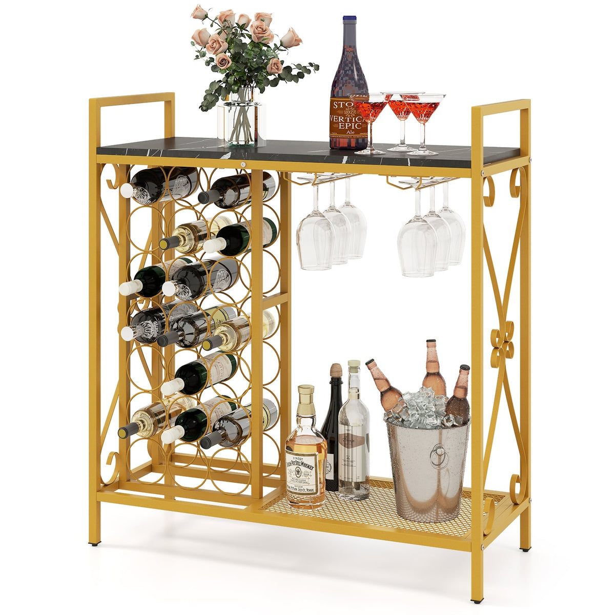 21 Bottle Wine Rack Freestanding Floor Wine Bottle Organizer with Glass Holder-Golden-Wine Racks-DECOROLALA