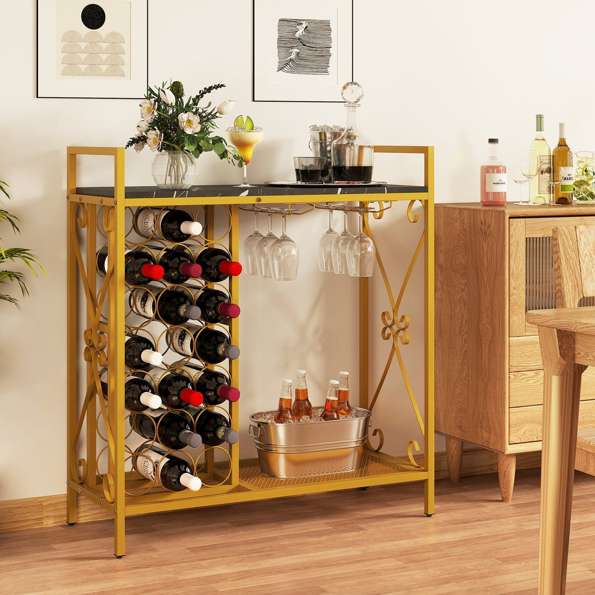 21 Bottle Wine Rack Freestanding Floor Wine Bottle Organizer with Glass Holder-Golden-Wine Racks-DECOROLALA