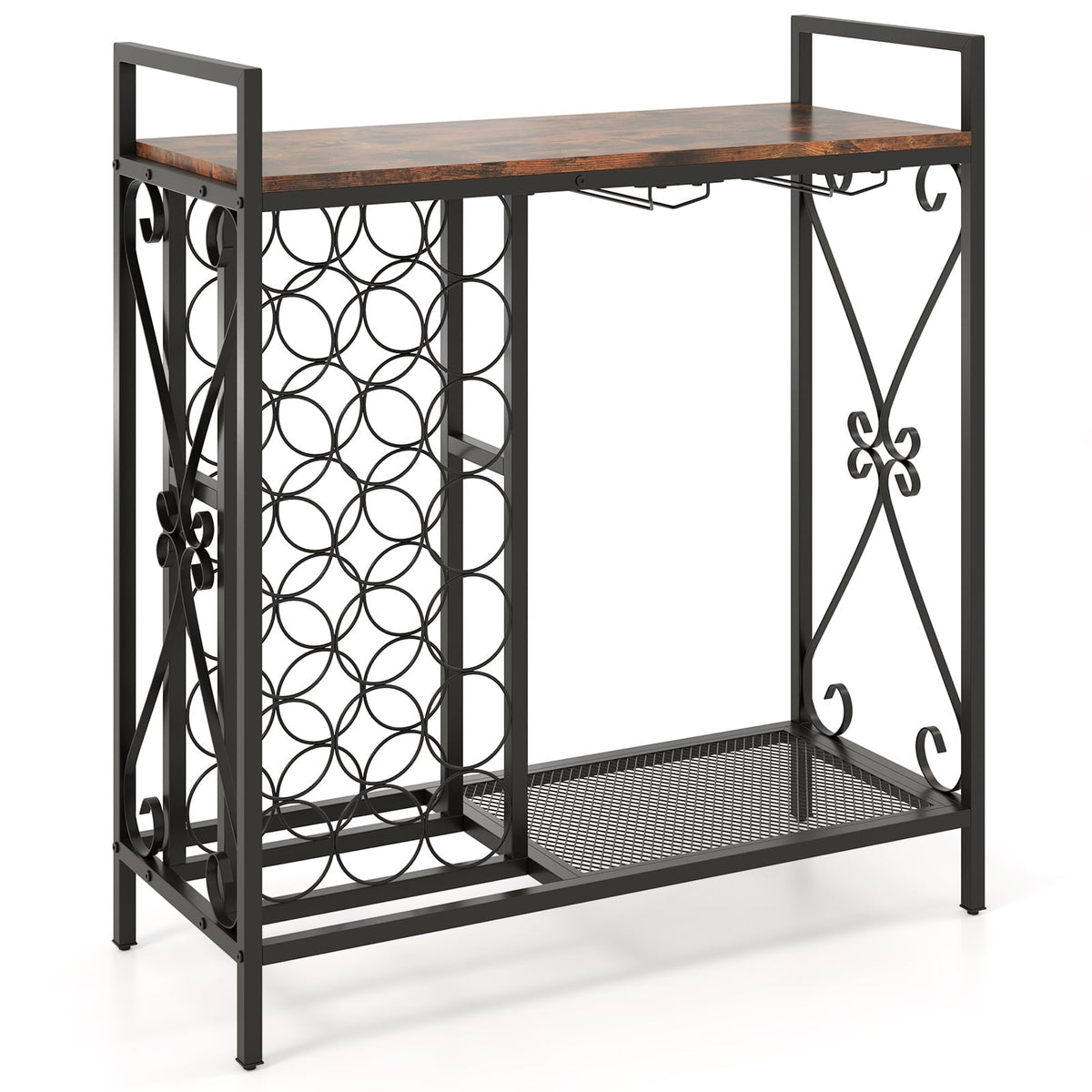 21 Bottle Wine Rack Freestanding Floor Wine Bottle Organizer with Glass Holder-Rustic Brown-Wine Racks-DECOROLALA