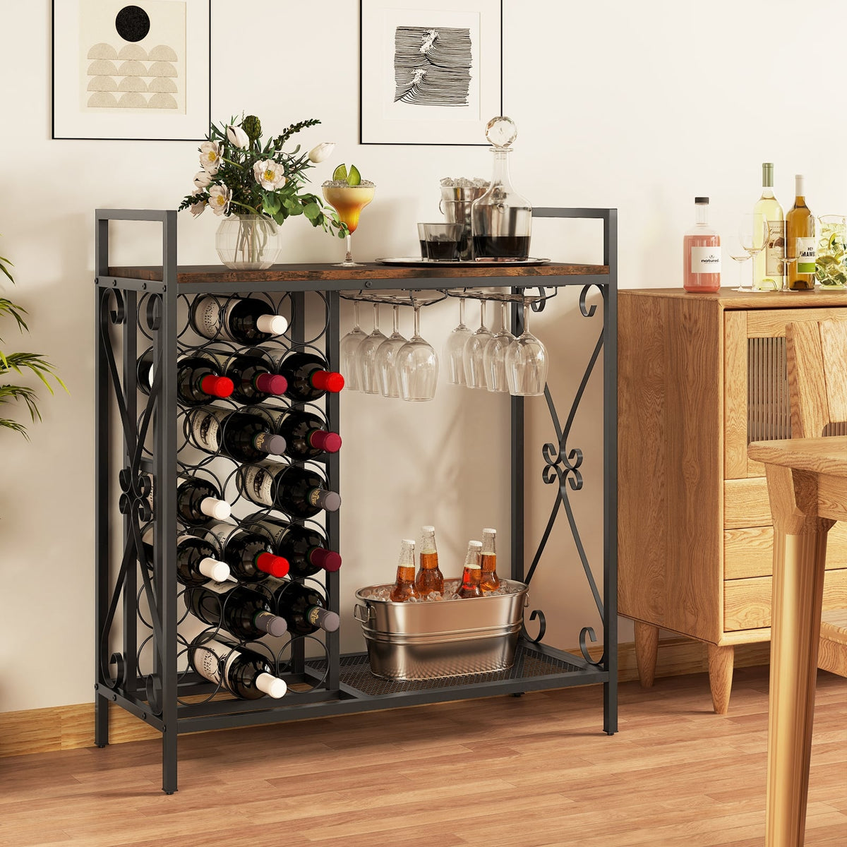 21 Bottle Wine Rack Freestanding Floor Wine Bottle Organizer with Glass Holder-Rustic Brown-Wine Racks-DECOROLALA