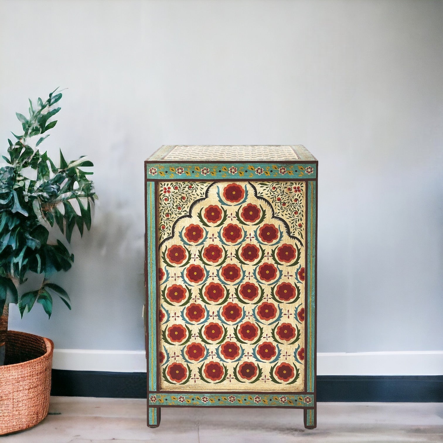 21" Brown And Green And Ivory Standard Accent Cabinet With One Drawer-Cabinets-DECOROLALA