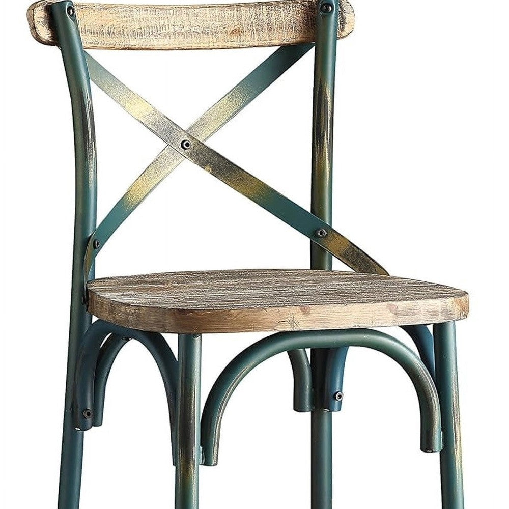 21" Brown And Turquoise Solid Wood And Metal Bar Chair-Bar Chairs-DECOROLALA