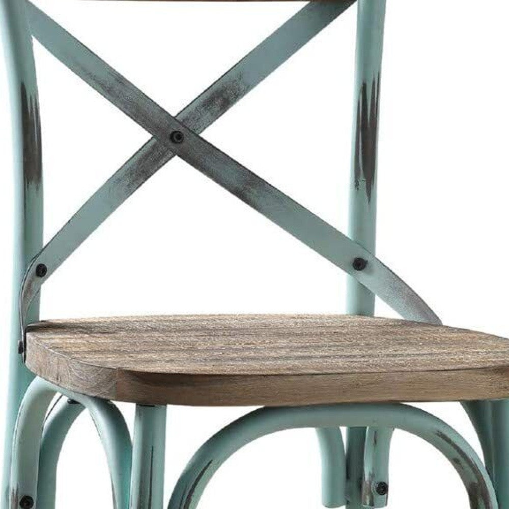 21" Brown And Turquoise Solid Wood And Metal Bar Chair-Bar Chairs-DECOROLALA