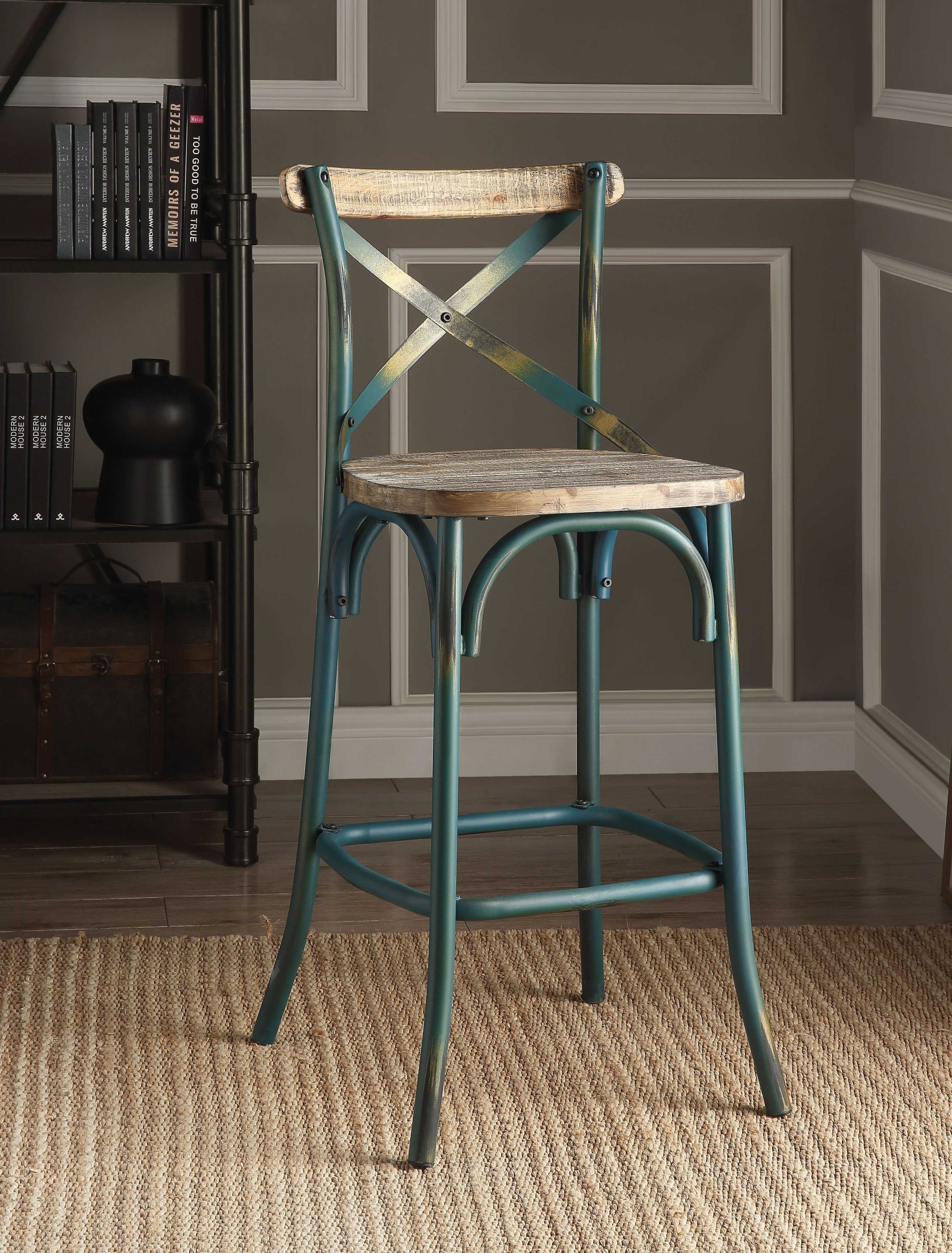 21" Brown And Turquoise Solid Wood And Metal Bar Chair-Bar Chairs-DECOROLALA